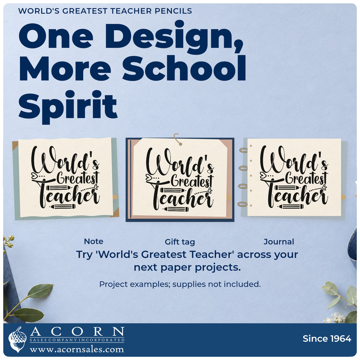 Three project examples made with the World's Greatest Teacher Pencils Wood-Mounted Rubber Stamp, including cabinet shelf labels.