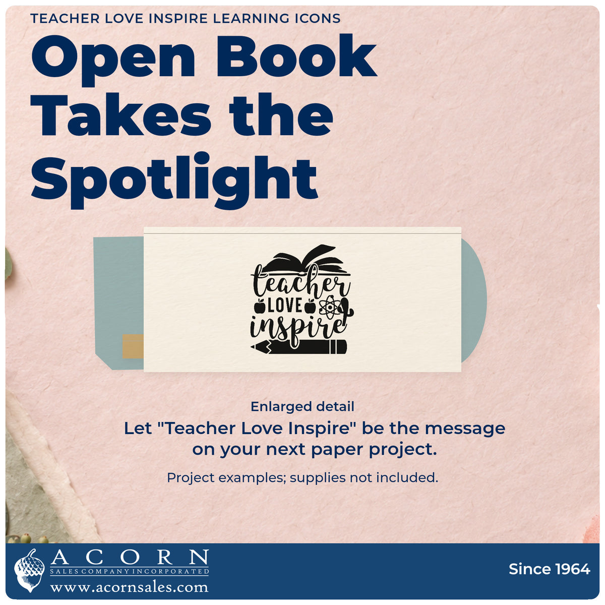 Enlarged detail of the Teacher Love Inspire Learning Icons Pre-Inked Stamp – PSI imprint. “Teacher Love Inspire” features an open book, apples, atom symbol, and large pencil.