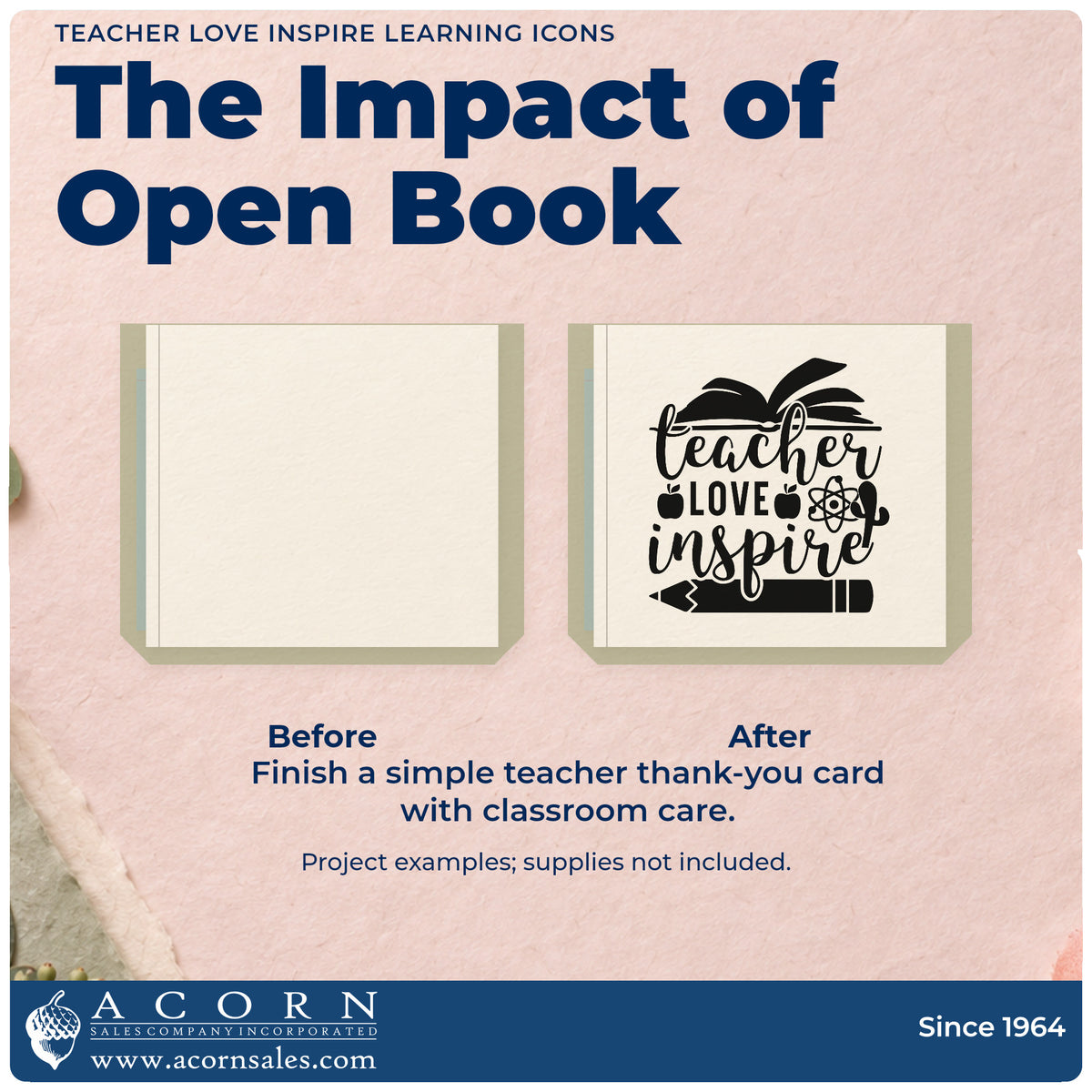 Before and after of a plain item finished with the Teacher Love Inspire Learning Icons Pre-Inked Stamp – PSI, a quick upgrade for kit box seals.