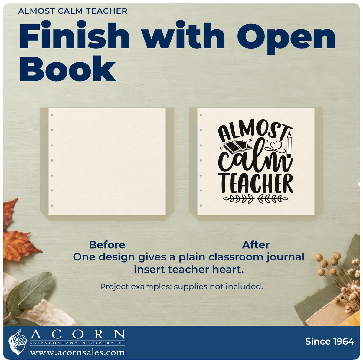 Before and after of a plain item finished with the Almost Calm Teacher Leafy Branches Stamp – Self-Inking, a quick upgrade for tea pouch seals.