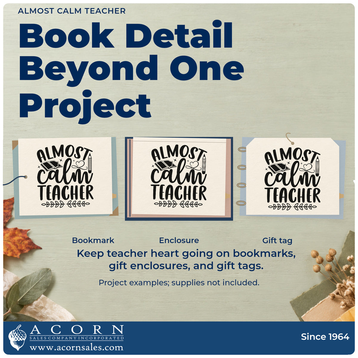 Three project examples made with the Almost Calm Teacher Leafy Branches Pre-Inked Stamp – Slim, including bath salt labels.