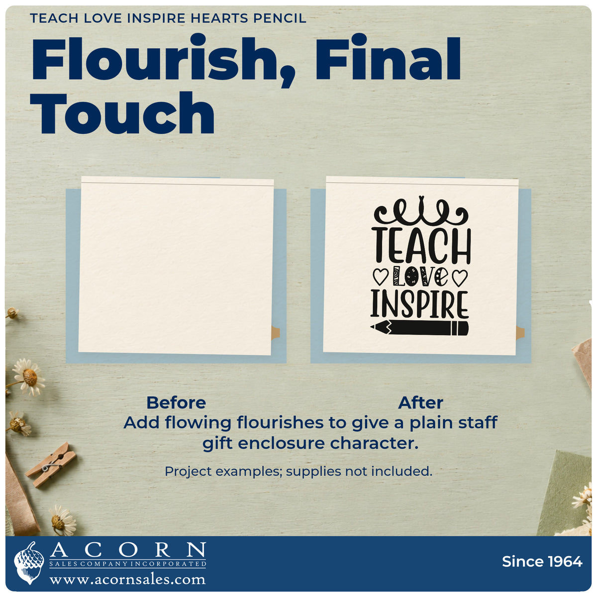 Before and after of a plain item finished with the Duo Hand Teach Love Inspire Hearts Pencil Rubber Stamp, a quick upgrade for shower bag seals.
