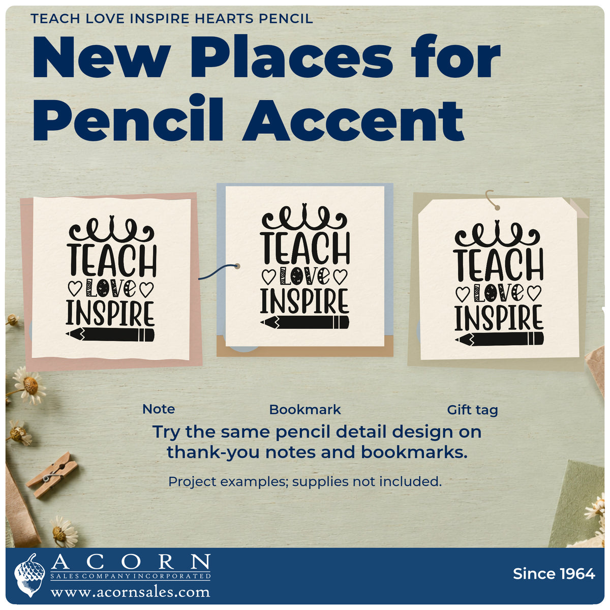 Three project examples made with the Teach Love Inspire Hearts Pencil Premium Wood-Mounted Stamp – Vintage Pro, including gift tower labels.