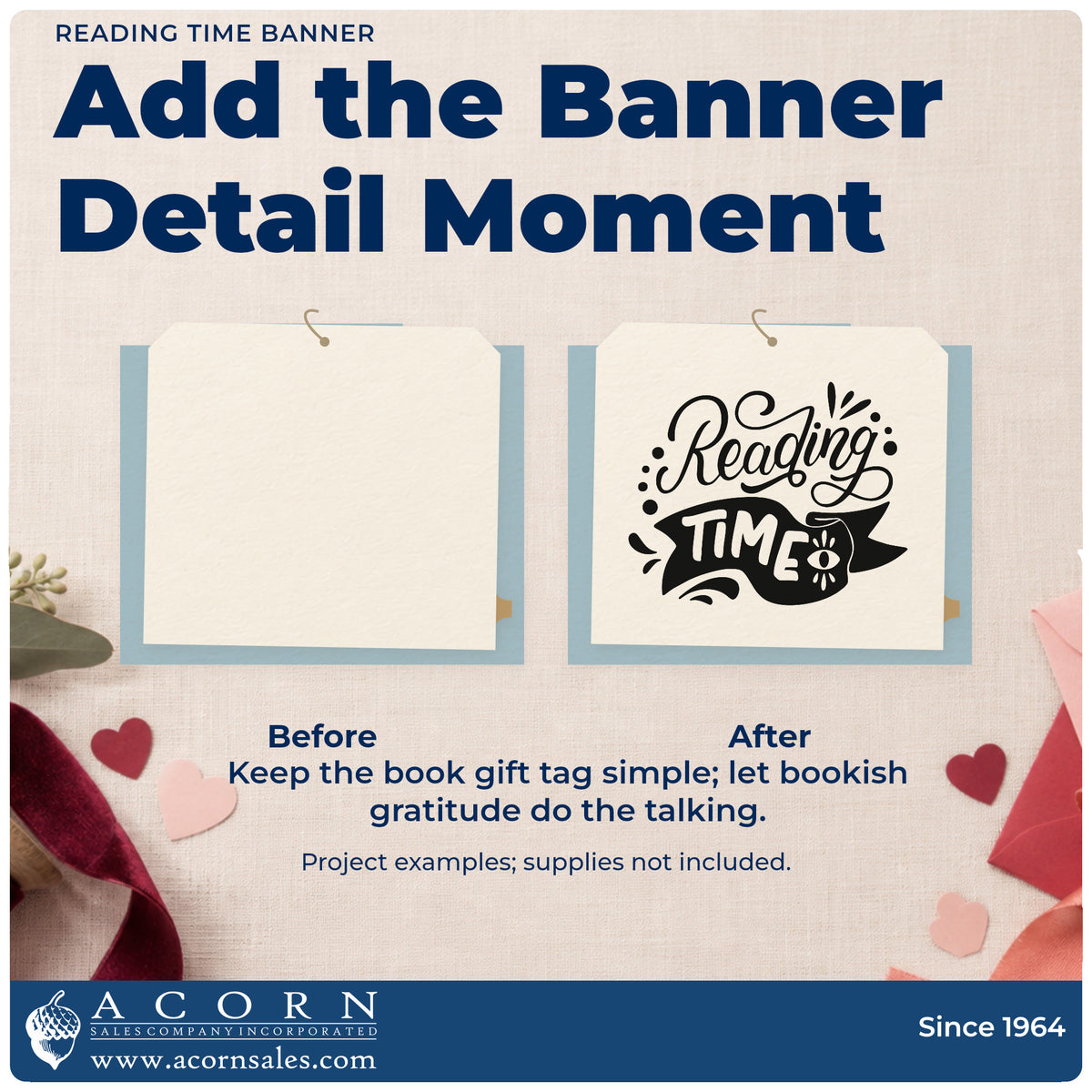 Before and after of a plain item finished with the Reading Time Eye And Banner Stamp – Premium Vintage Pro Wooden, a quick upgrade for story pack seals.