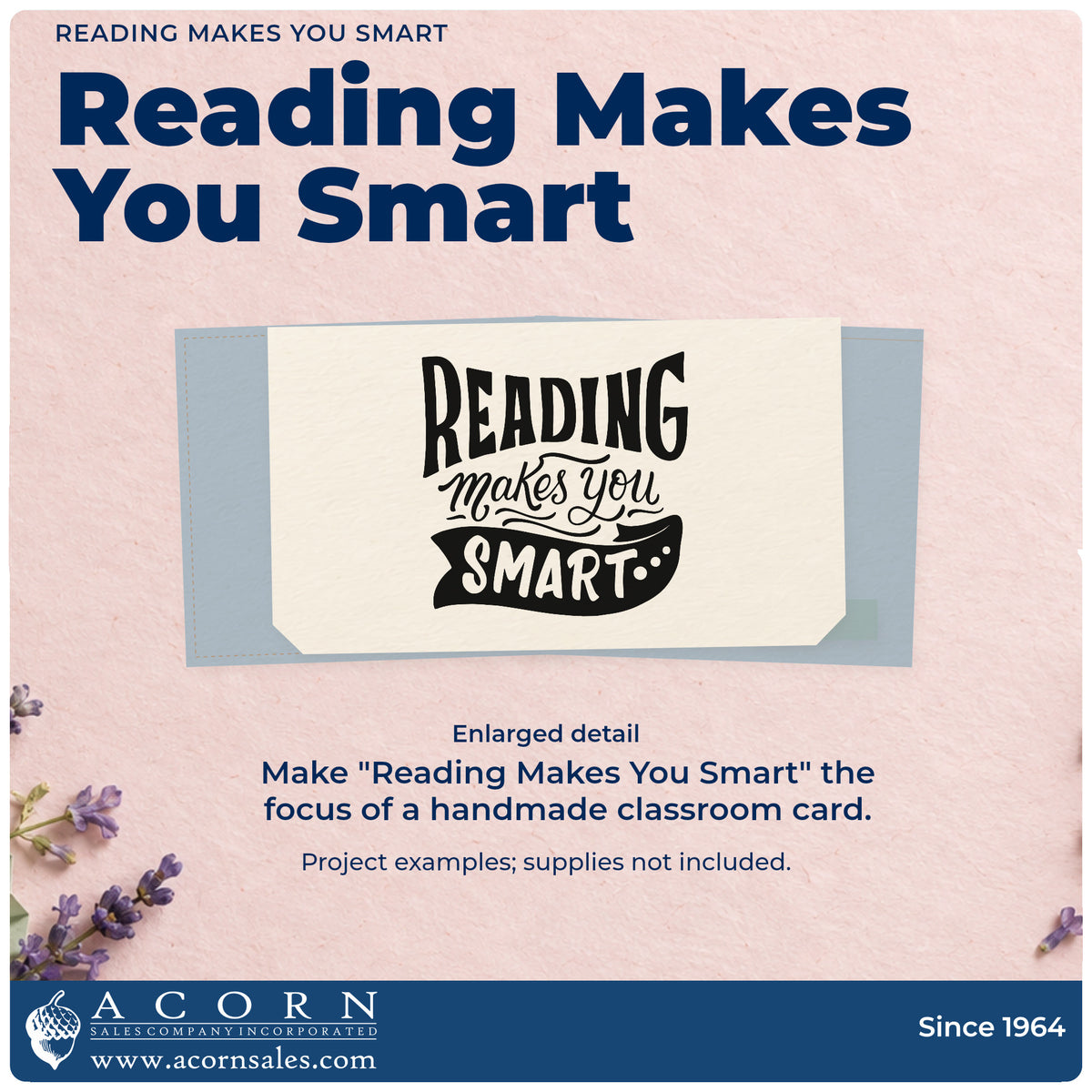 Enlarged detail of the Reading Makes You Smart Ribbon Lettering Duo Hand Stamp imprint. “Reading Makes You Smart” features tall arched lettering and a dark curved banner.