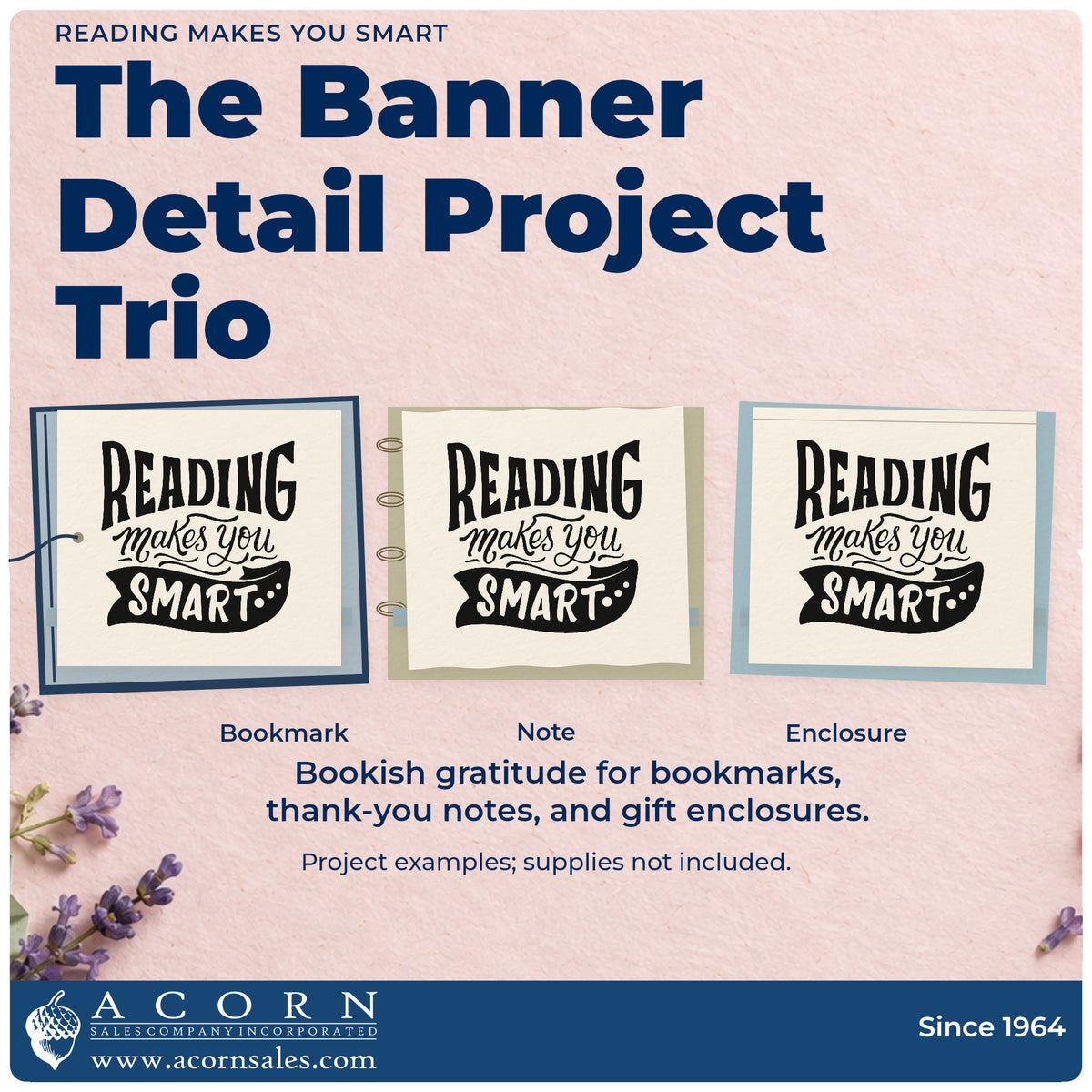 Three project examples made with the Reading Makes You Smart Ribbon Lettering Slim Pre-Inked Stamp, including prize shelf labels.