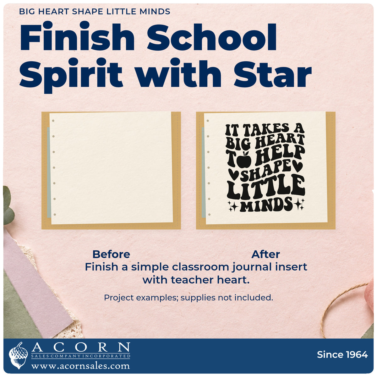 Before and after of a plain item finished with the It Takes A Big Heart To Help Shape Little Minds Premium Wooden Stamp – Vintage Pro, a quick upgrade for progress pack seals.