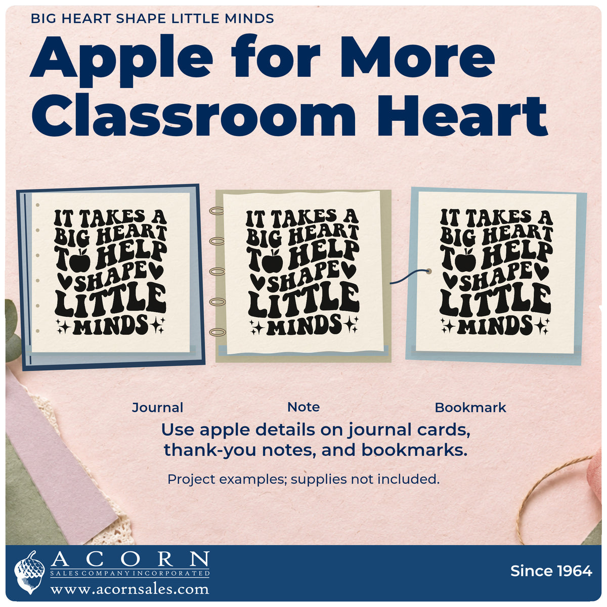Three project examples made with the It Takes A Big Heart To Help Shape Little Minds Premium Wooden Stamp – Vintage Pro, including group tray labels.