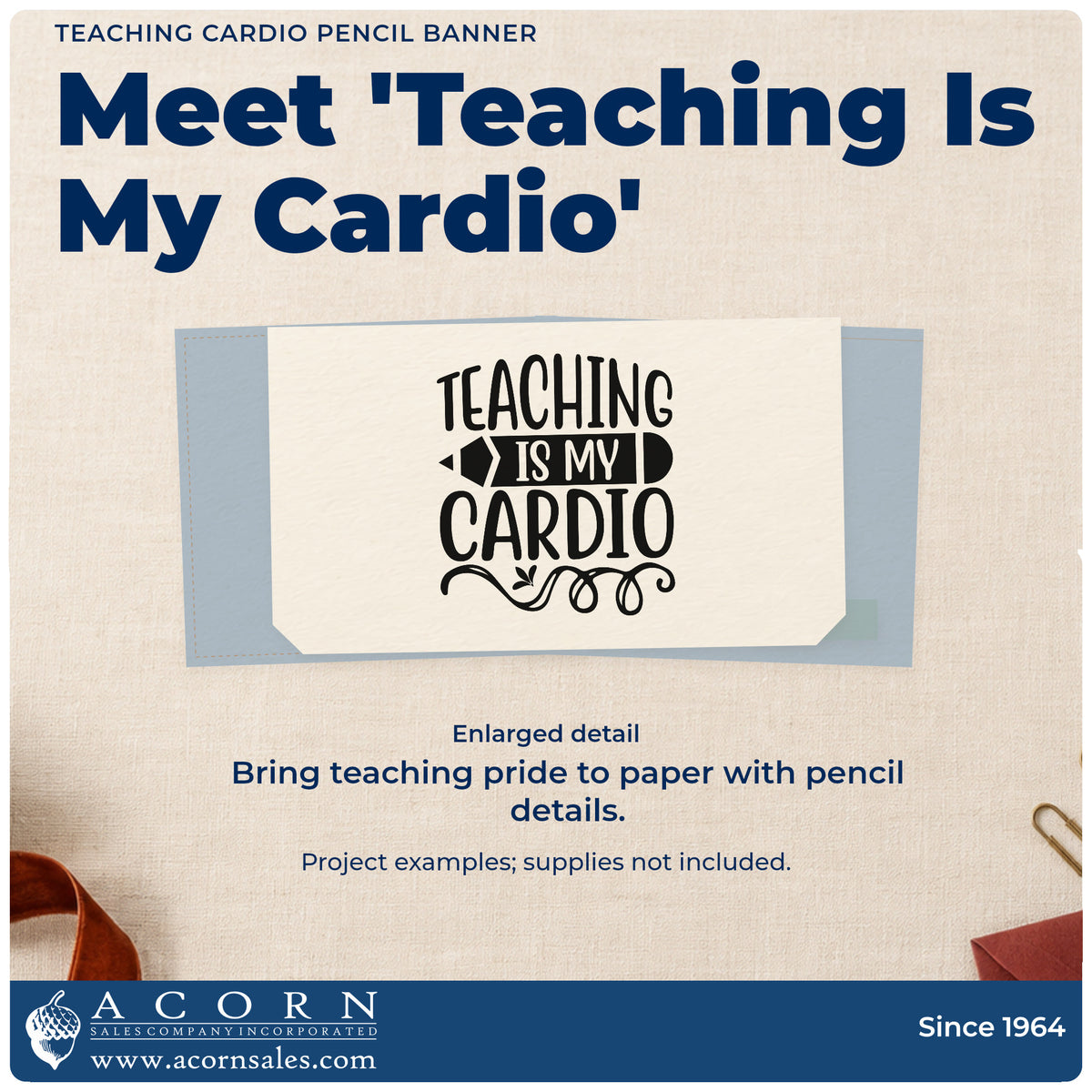 Enlarged detail of the Teaching Cardio Pencil Banner Lettering Flourish PSI Pre-Inked Stamp imprint. “Teaching Is My Cardio” includes a pencil-shaped dark banner and swirling flourish.
