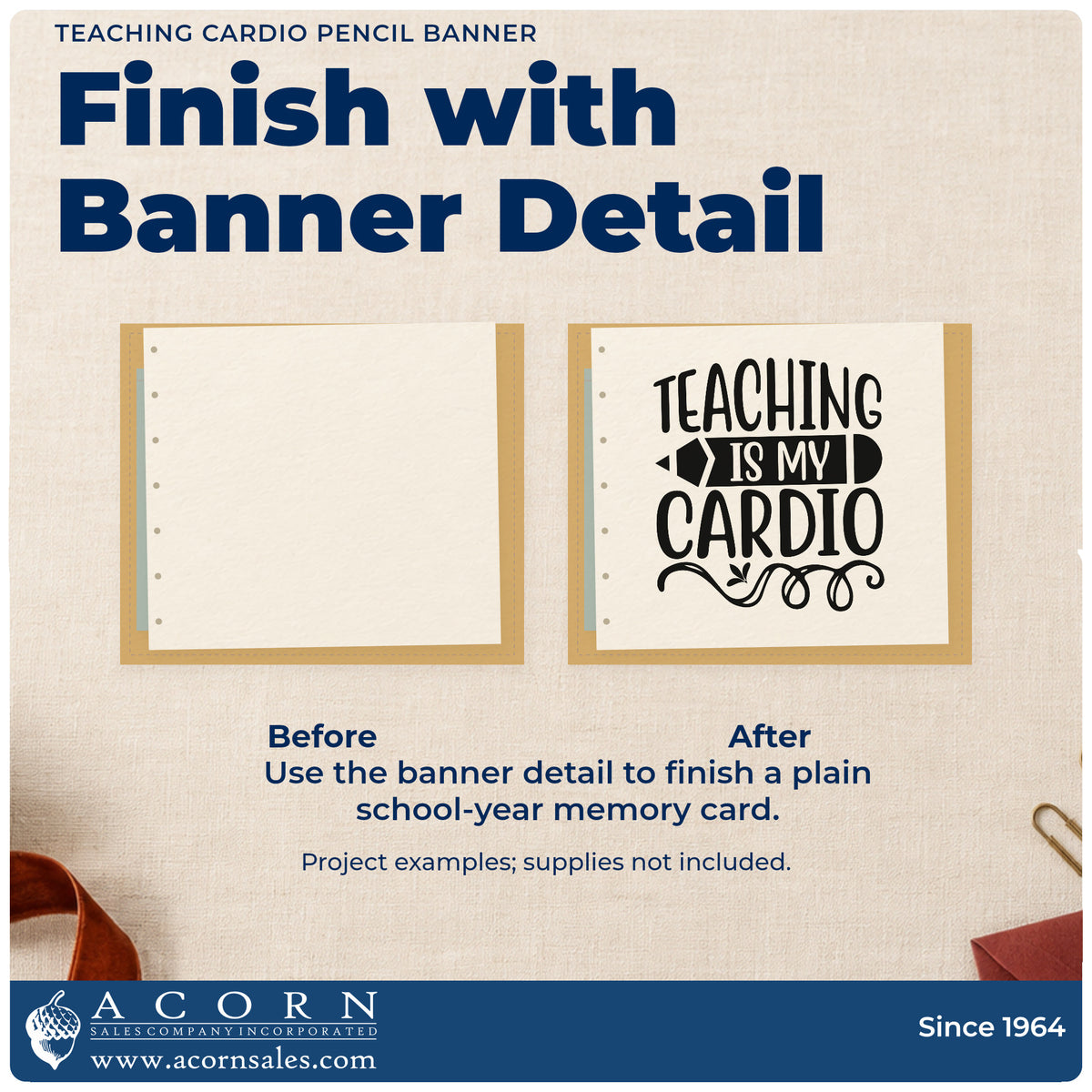 Before and after of a plain item finished with the Teaching Cardio Pencil Banner Lettering Flourish Stamp – Premium Vintage Pro Wooden, a quick upgrade for fixture pack seals.
