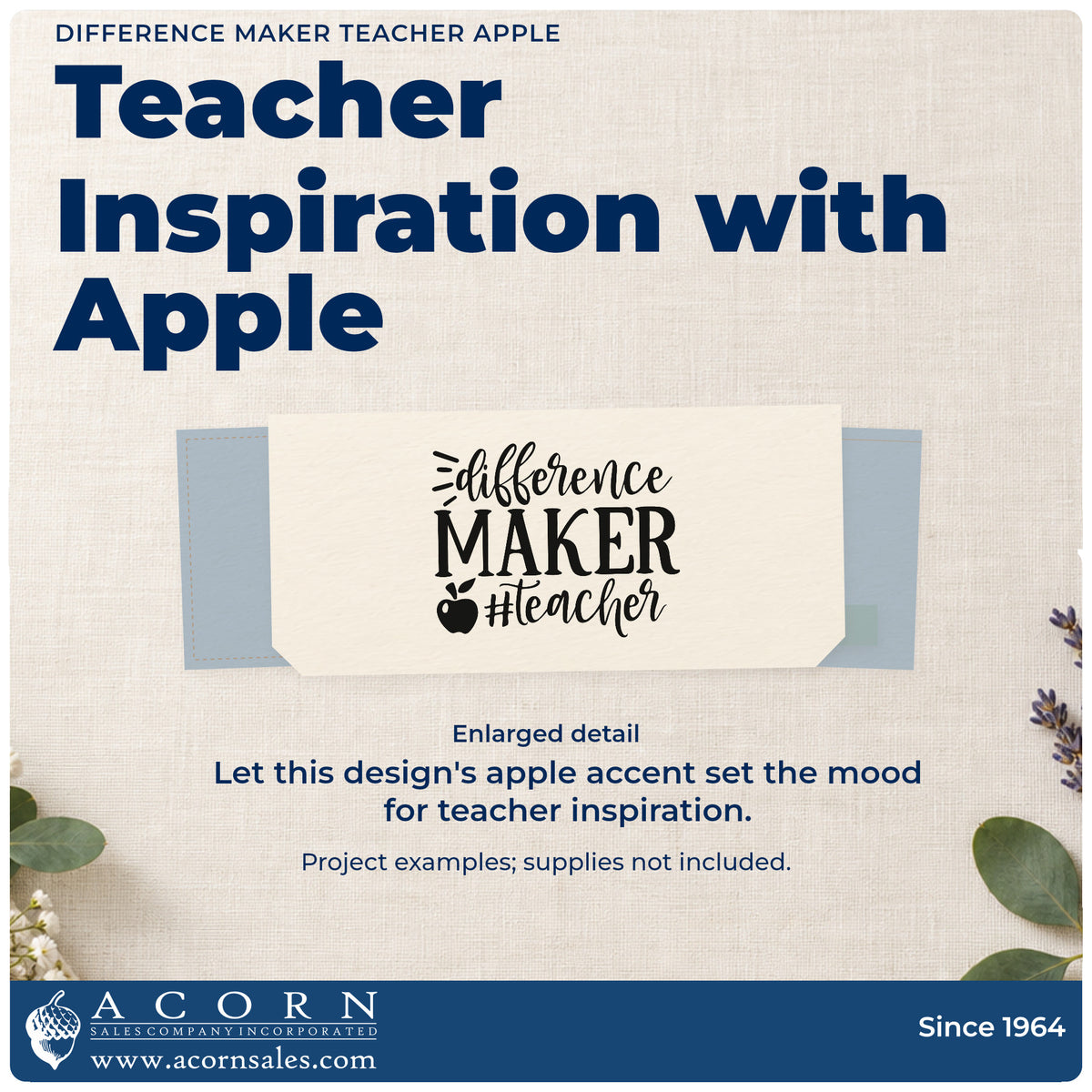 Enlarged detail of the Teacher Difference Maker Apple Motif Slim Pre-Inked Stamp imprint. “Difference Maker #Teacher” appears with a small apple and accent rays.