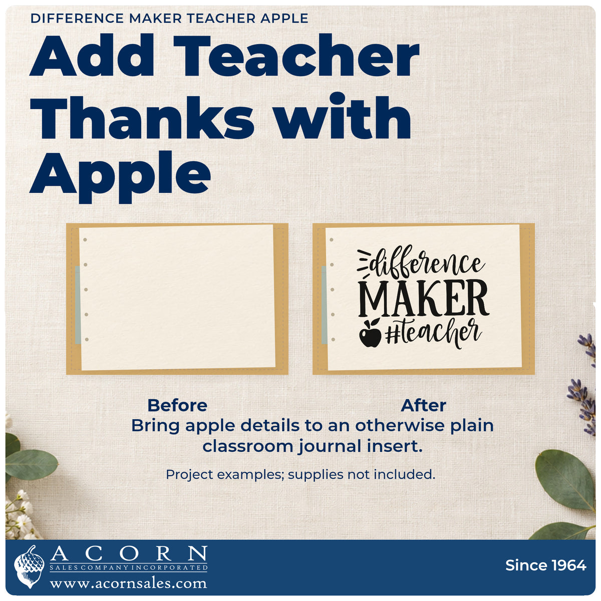 Before and after of a plain item finished with the Teacher Difference Maker Apple Motif Rubber Stamp – Wood Handle, a quick upgrade for mailer bag seals.