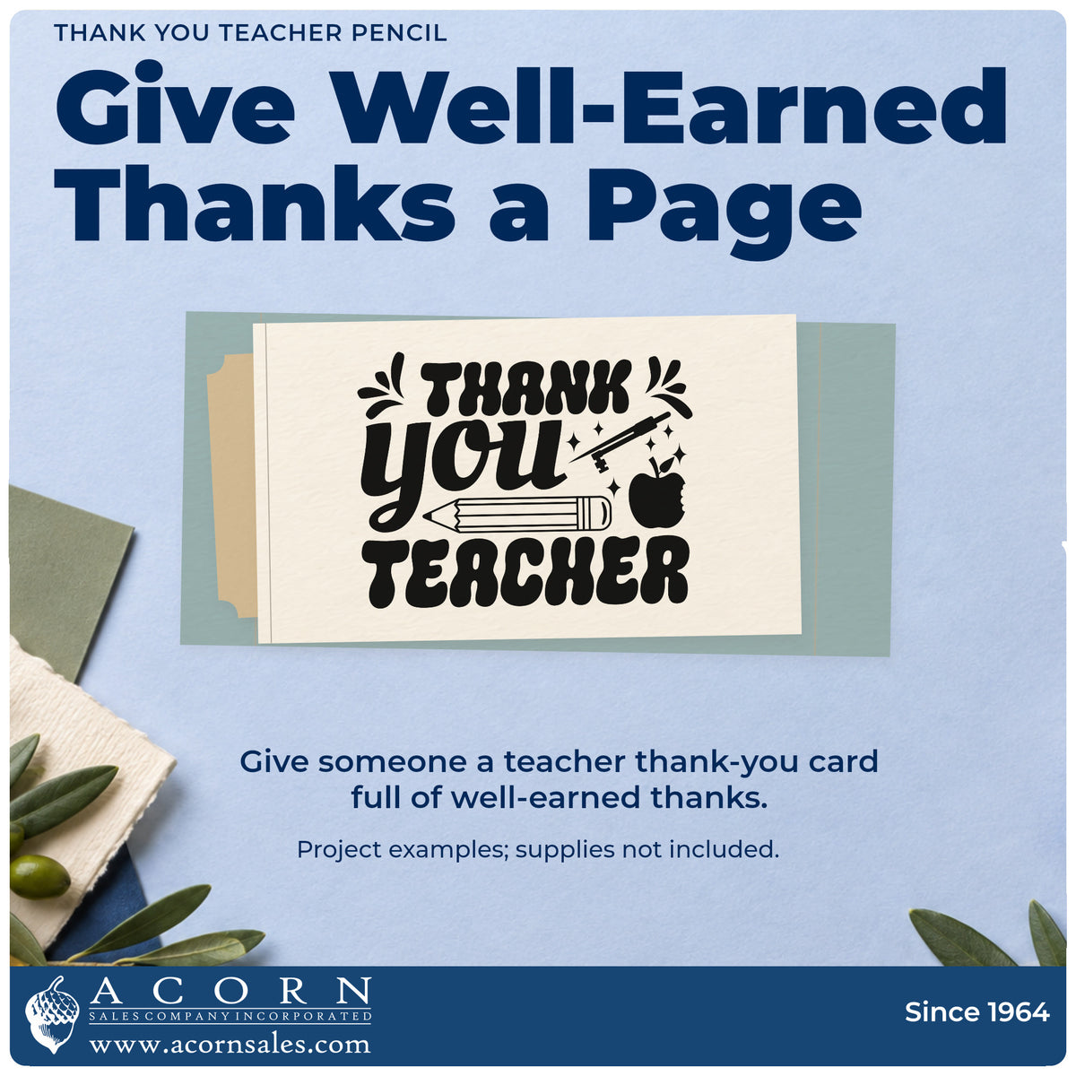 A finished handmade project stamped with the Thank You Teacher Pencil Leaf Accents Pre-Inked Stamp – Slim, ideal for parent group tags.