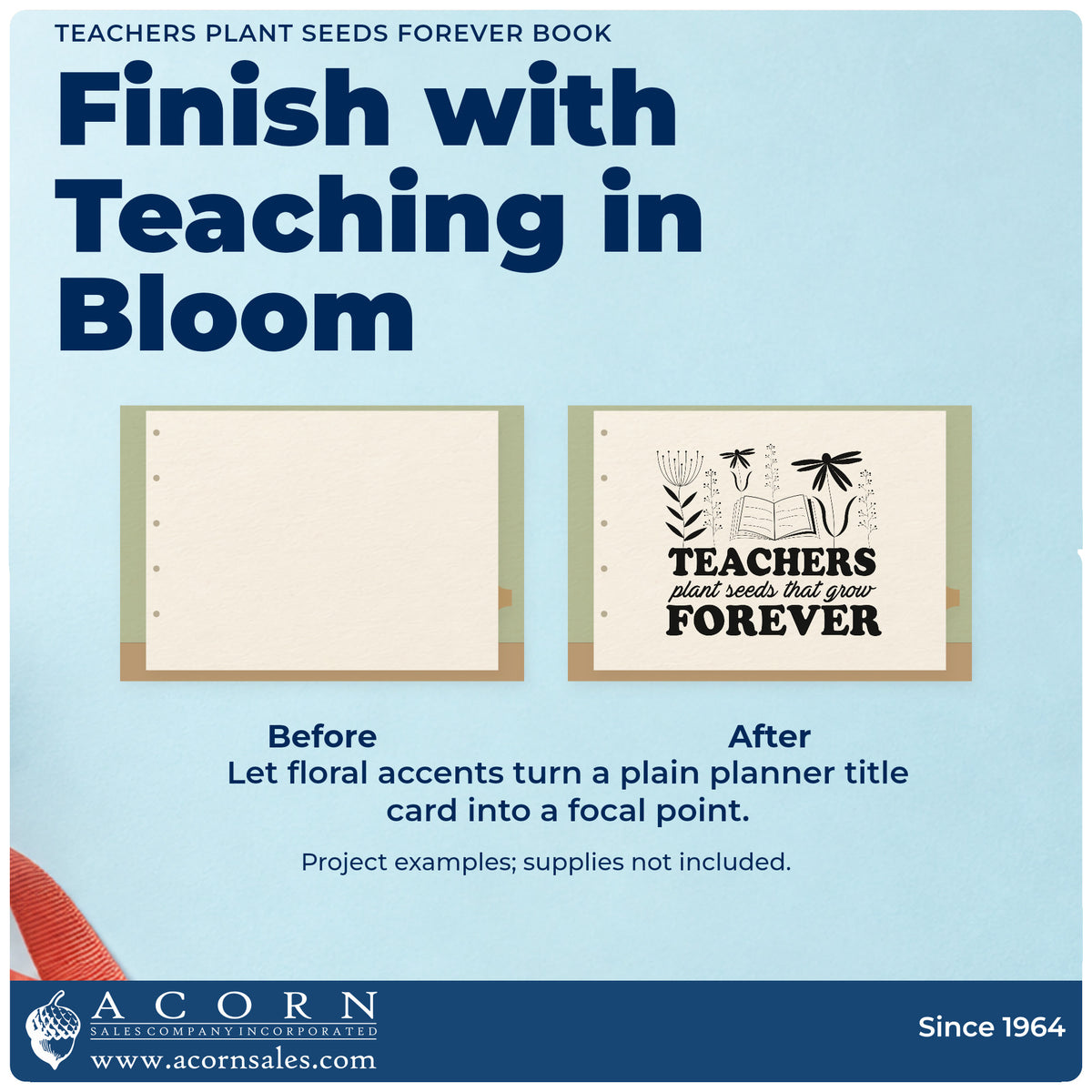 Before and after of a plain item finished with the Vintage Pro Teachers Plant Seeds Forever Book Premium Wooden Stamp, a quick upgrade for tree tag seals.