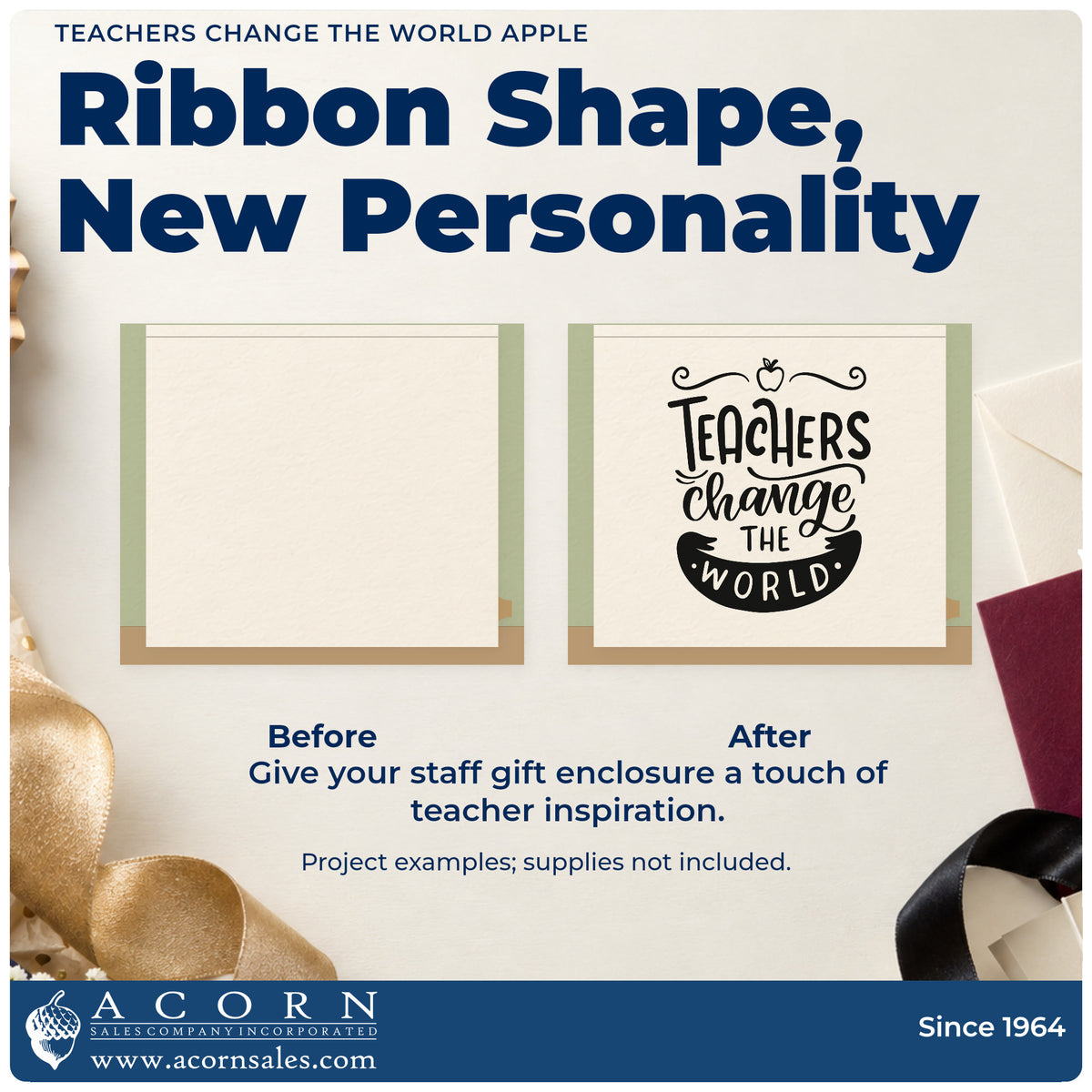 Before and after of a plain item finished with the Teachers Change The World Apple Ribbon Lettering Craft Stamp – Self-Inking, a quick upgrade for press pack seals.