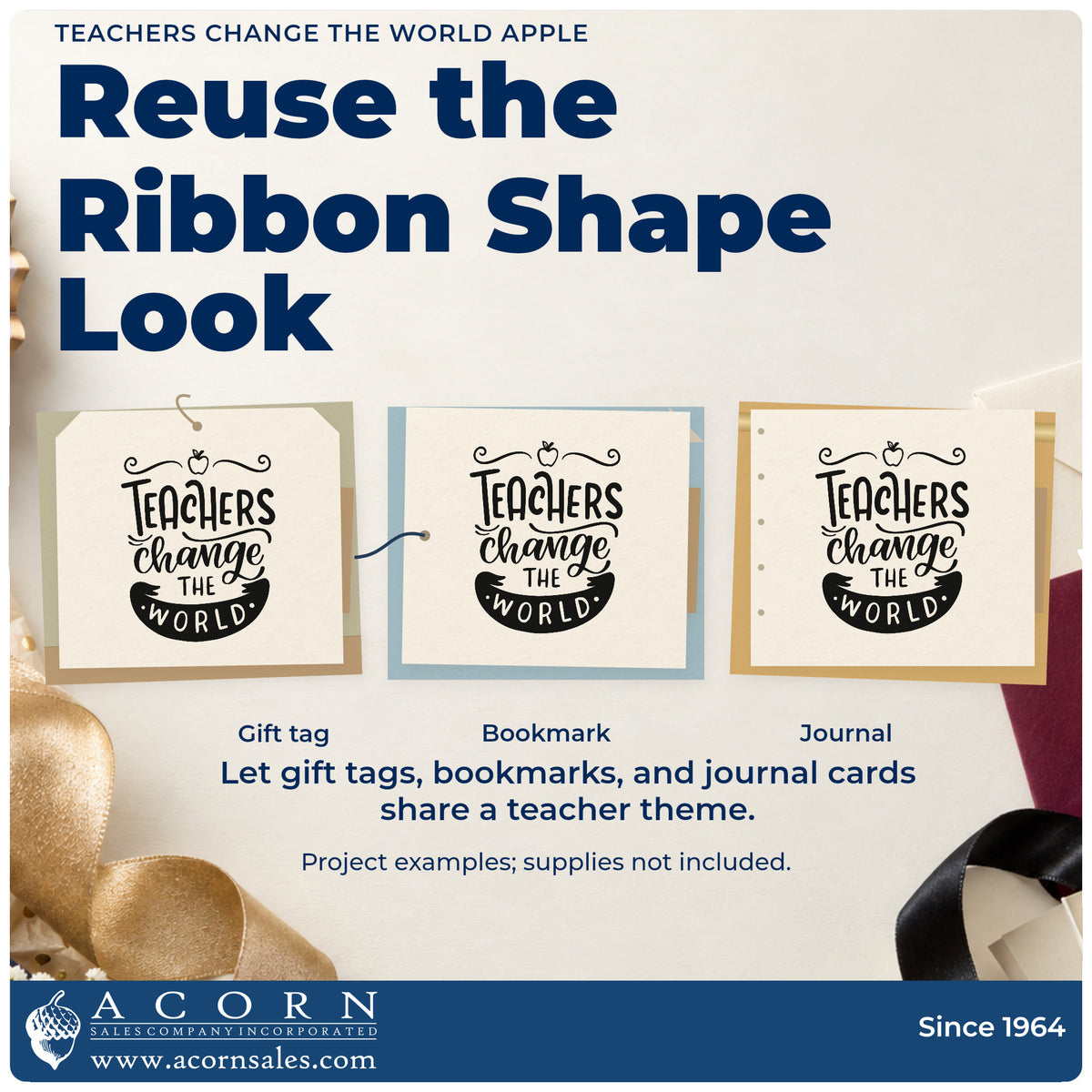 Three project examples made with the Teachers Change The World Apple Ribbon Lettering Craft Stamp – Self-Inking, including placard back labels.