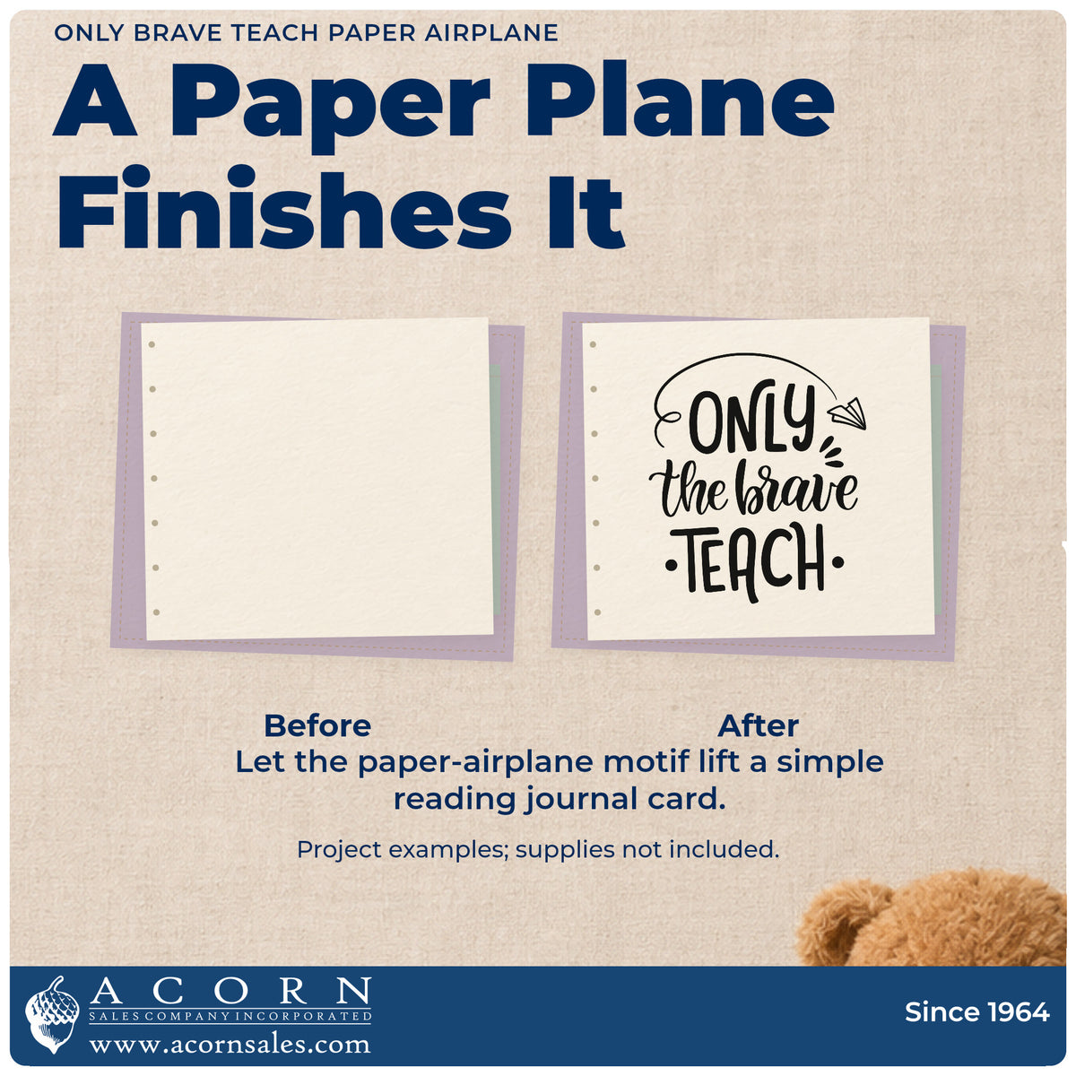 Before and after of a plain item finished with the Only Brave Teach Paper Airplane Stamp – Self-Inking, a quick upgrade for launch pack seals.