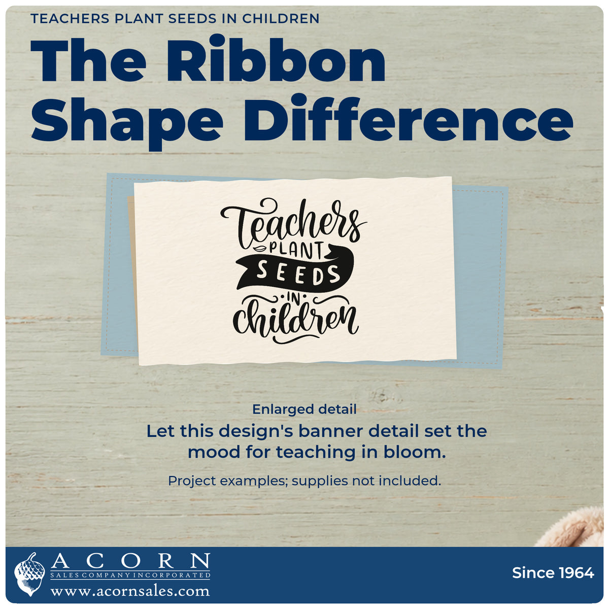 Enlarged detail of the Teachers Plant Seeds In Children Rubber Stamp – Duo Hand imprint. “Teachers Plant Seeds in Children” features flowing script and a dark ribbon banner.