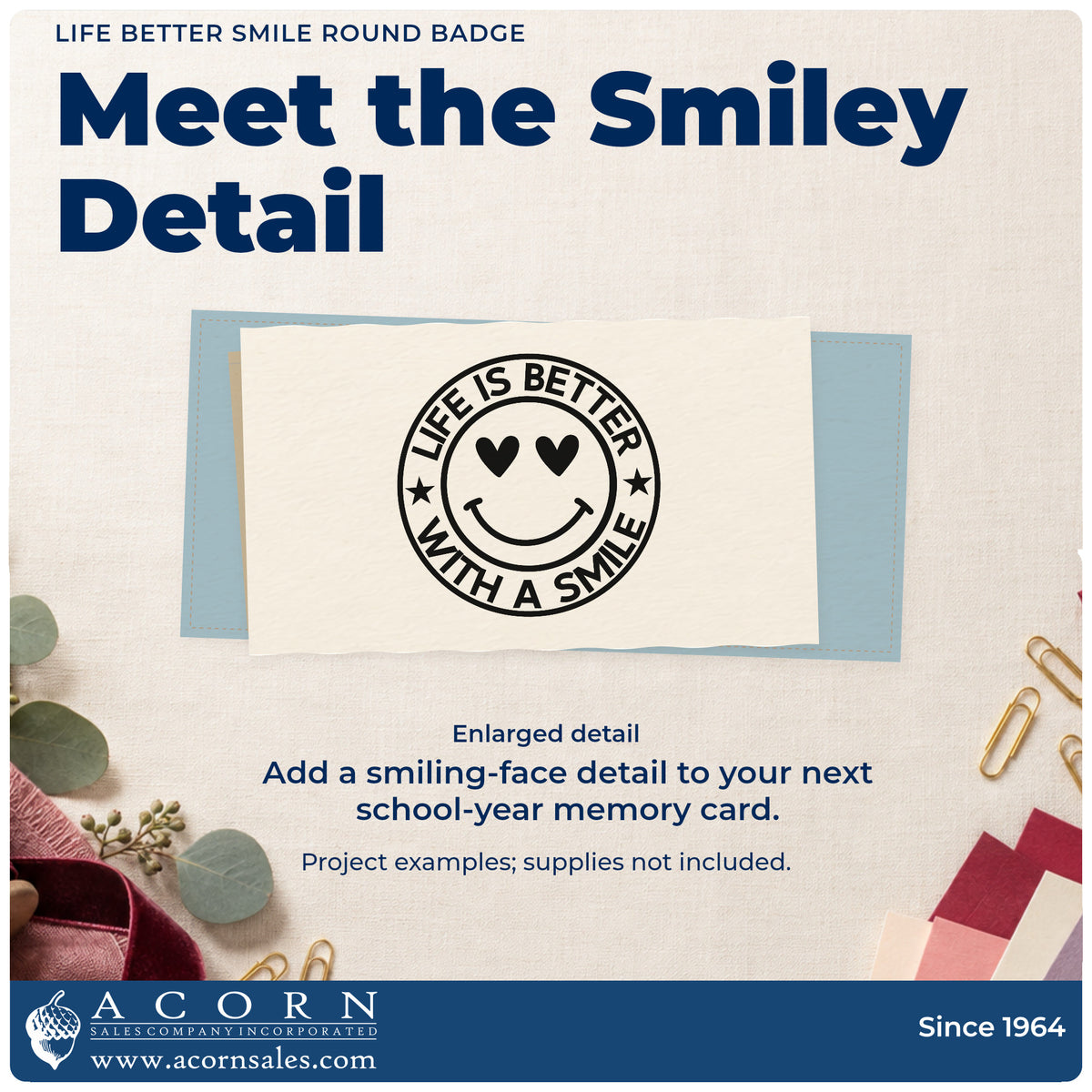 Enlarged detail of the Life Better Smile Round Emblem PSI Pre-Inked Stamp imprint. “Life Is Better with a Smile” circles a heart-eyed smiley face with two stars.