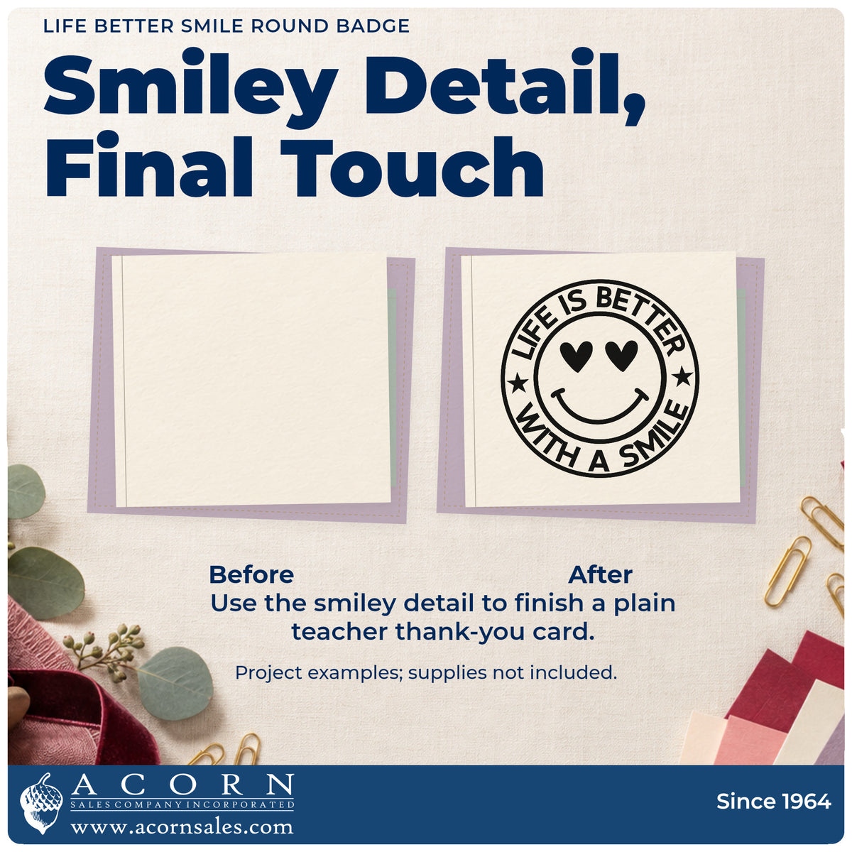 Before and after of a plain item finished with the Premium Wooden Life Better Smile Round Emblem Stamp – Vintage Pro, a quick upgrade for photo strip seals.