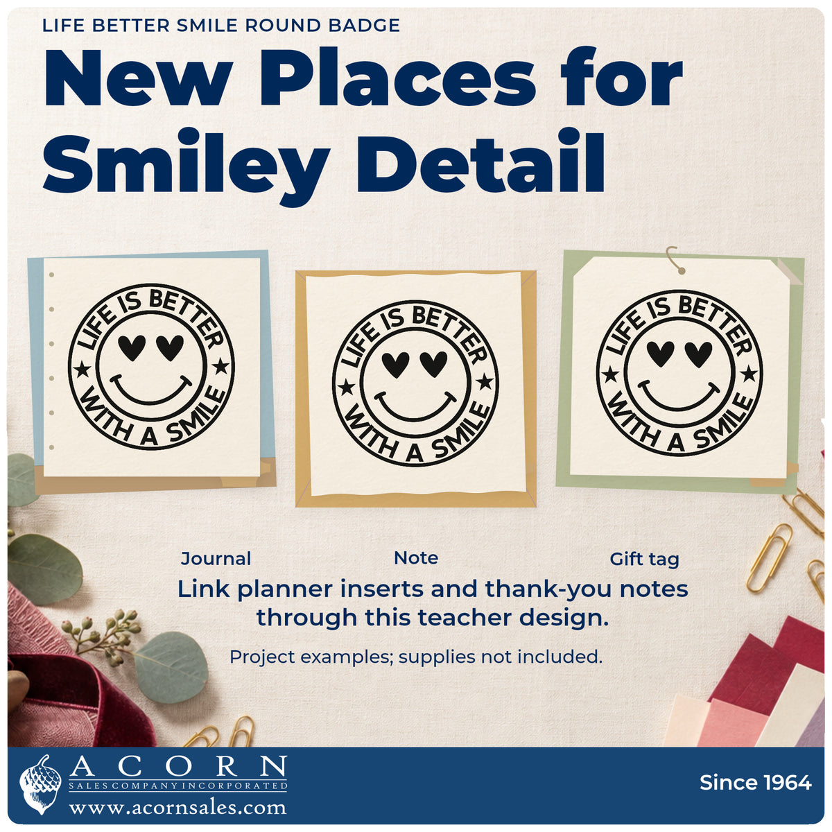 Three project examples made with the Life Better Smile Round Emblem Self-Inking Stamp, including sweet tub labels.