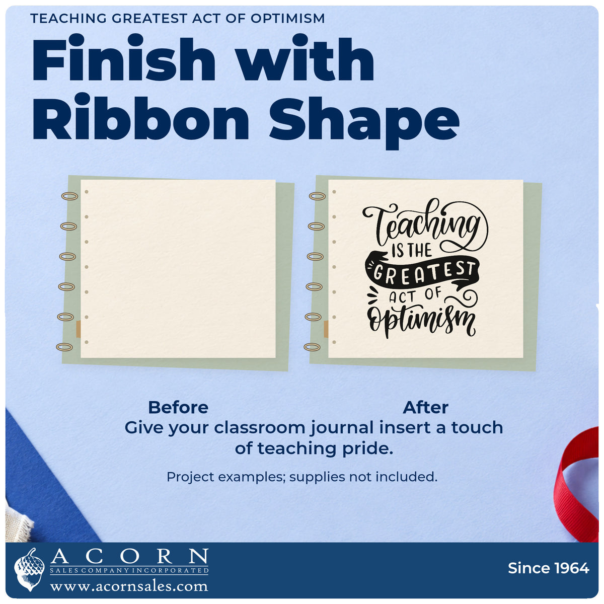 Before and after of a plain item finished with the Teaching Is The Greatest Act Of Optimism Self-Inking Stamp, a quick upgrade for inset pack seals.