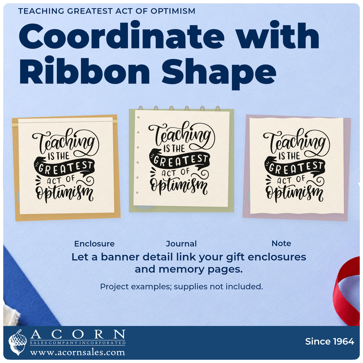Three project examples made with the Teaching Is The Greatest Act Of Optimism Self-Inking Stamp, including planning tub labels.