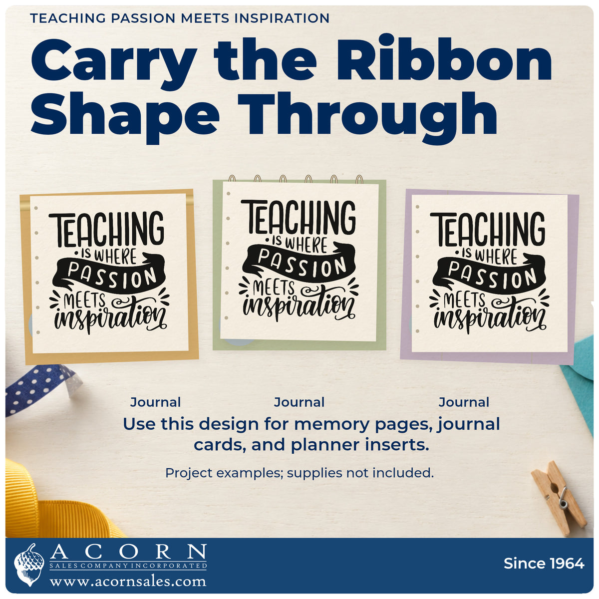 Three project examples made with the Teaching Passion Meets Inspiration PSI Pre-Inked Stamp, including display stand labels.
