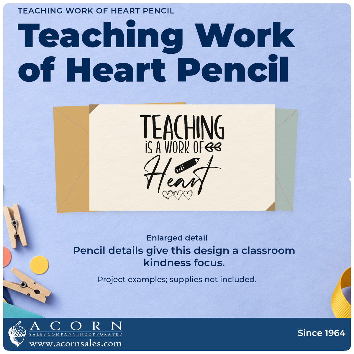 Enlarged detail of the Teaching Work Of Heart Pencil Leaf Accents Rubber Stamp – Wood Handle imprint. “Teaching Is a Work of Heart” is accented with a pencil, leaves, and three outlined hearts.