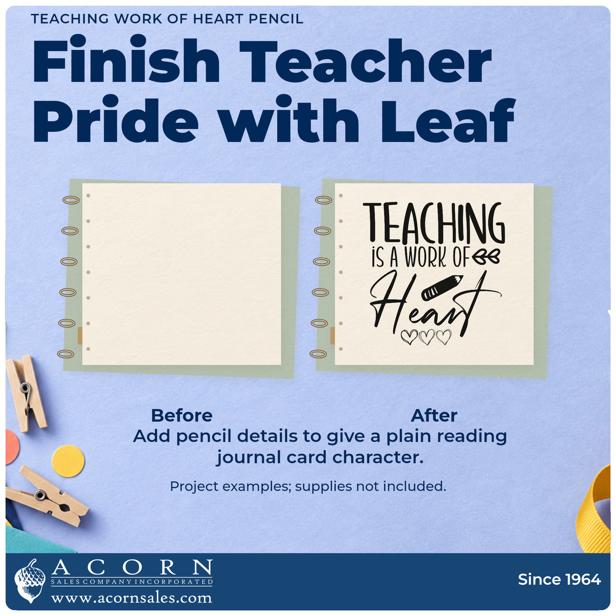 Before and after of a plain item finished with the Teaching Work Of Heart Pencil Leaf Accents Craft Stamp – Self-Inking, a quick upgrade for triple fold seals.