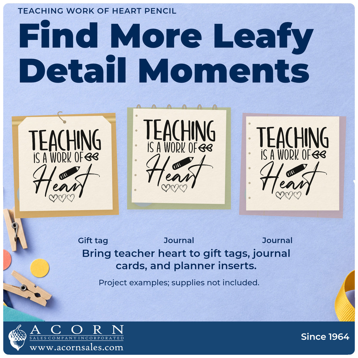 Three project examples made with the Teaching Work Of Heart Pencil Leaf Accents Craft Stamp – Self-Inking, including trio tin labels.