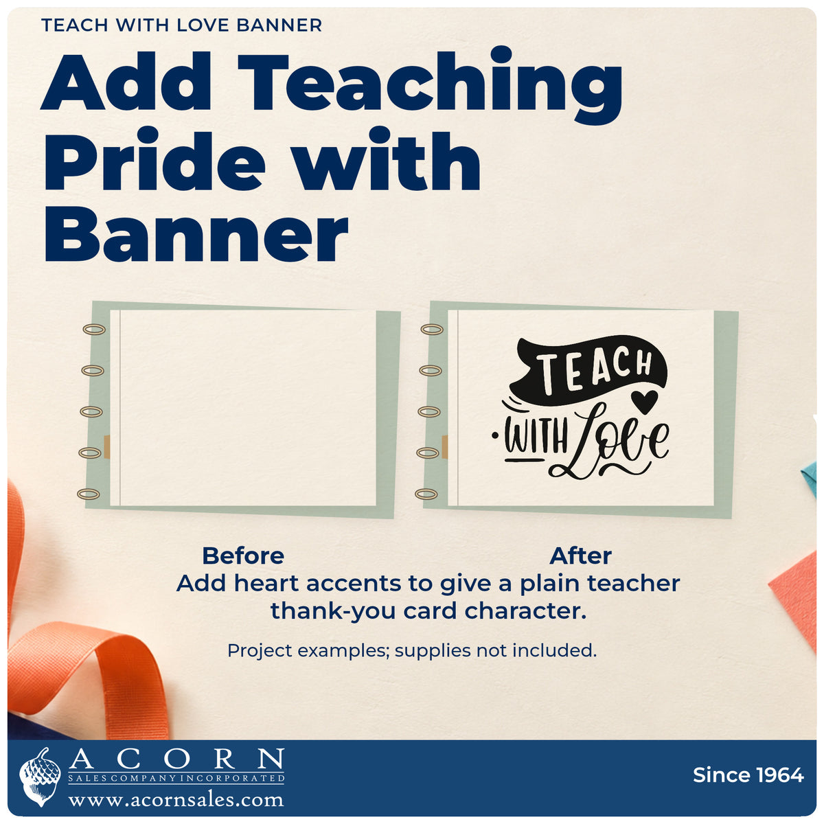 Before and after of a plain item finished with the Teach With Love Banner Self-Inking Stamp, a quick upgrade for kraft flap seals.