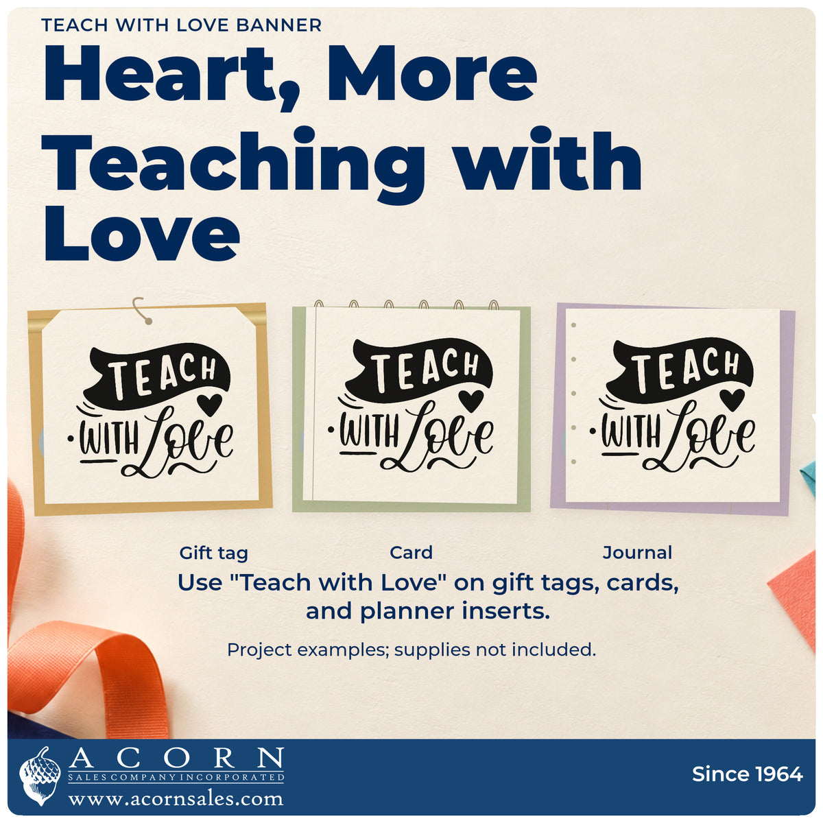 Three project examples made with the Teach With Love Banner Self-Inking Stamp, including jam jar labels.