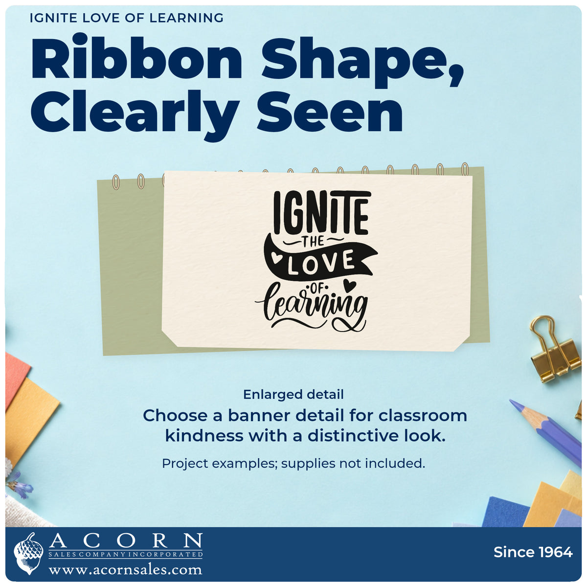 Enlarged detail of the Premium Wooden Ignite Love Of Learning Stamp – Vintage Pro imprint. “Ignite the Love of Learning” includes a dark ribbon and small hearts.