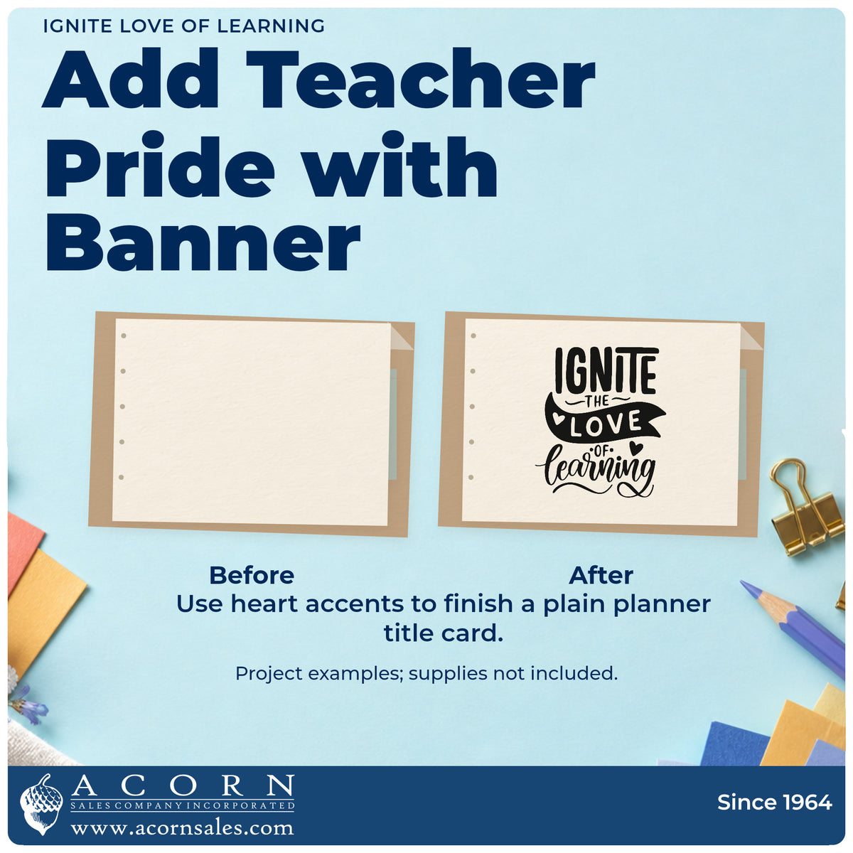 Before and after of a plain item finished with the Premium Wooden Ignite Love Of Learning Stamp – Vintage Pro, a quick upgrade for project pack seals.