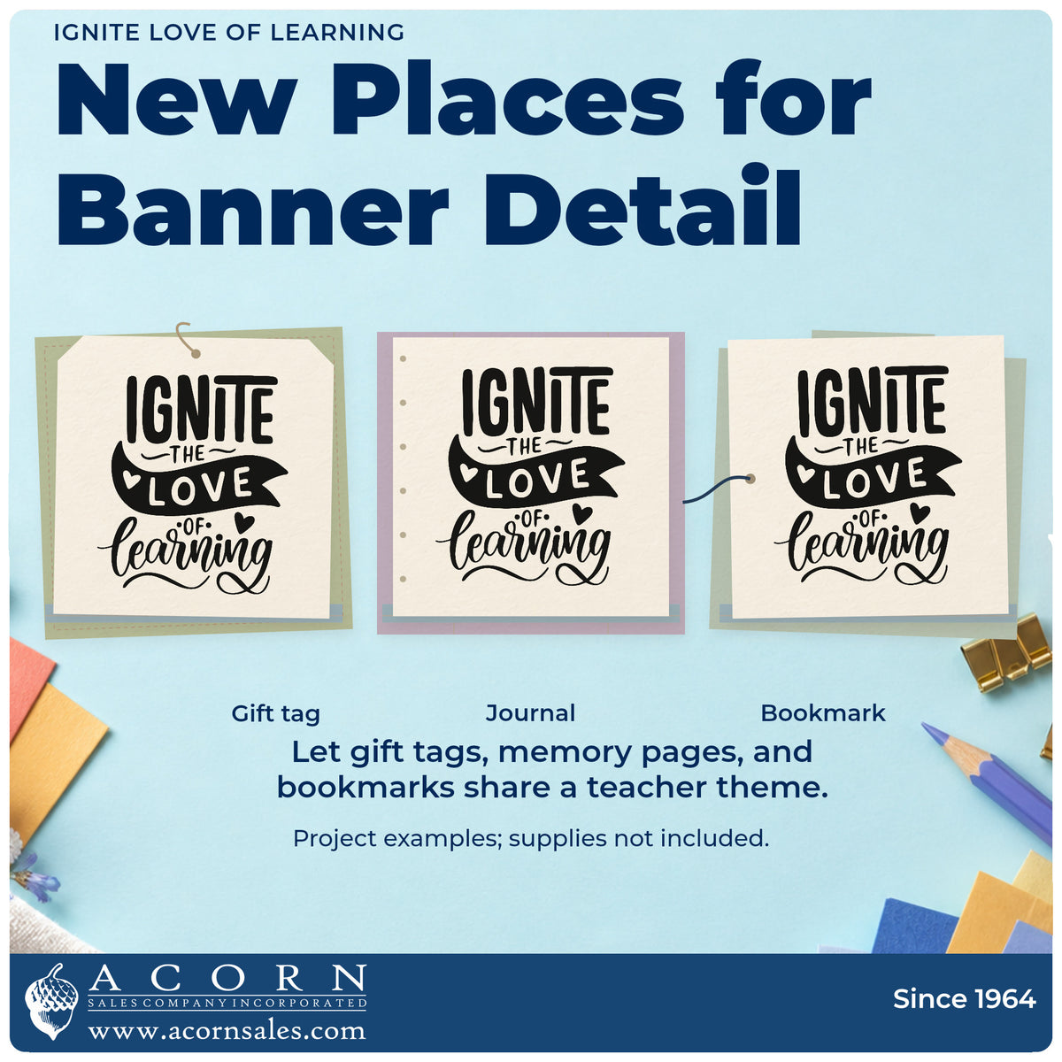 Three project examples made with the Premium Wooden Ignite Love Of Learning Stamp – Vintage Pro, including discovery box labels.