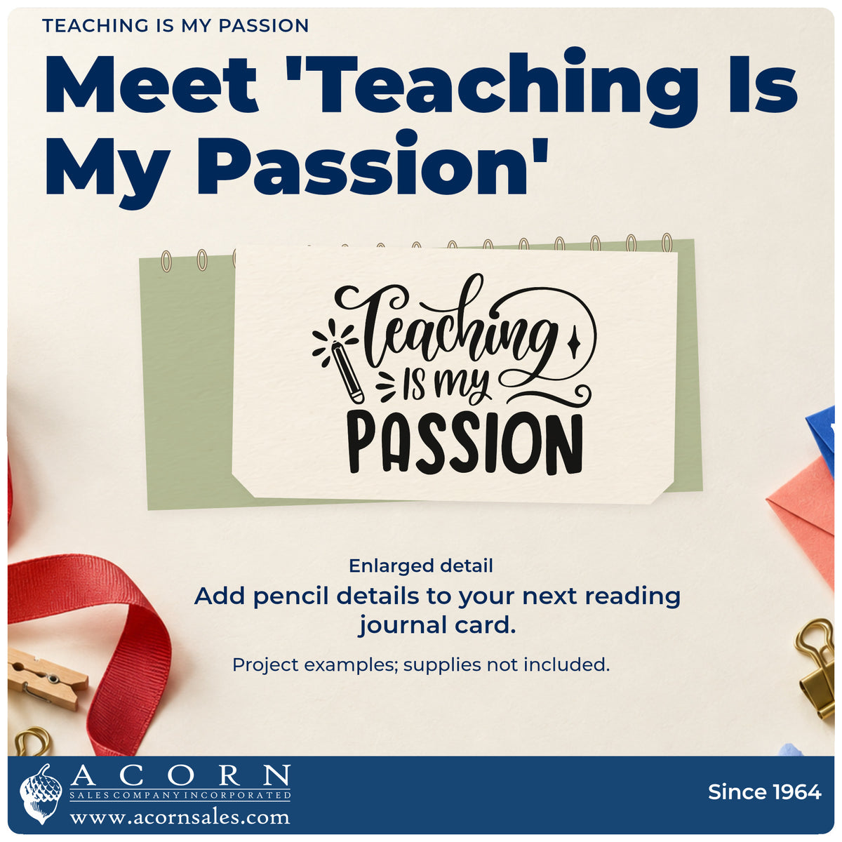 Enlarged detail of the Teaching Is My Passion Pencil Stamp – Premium Vintage Pro Wooden imprint. “Teaching Is My Passion” features a pencil and sweeping script flourishes.