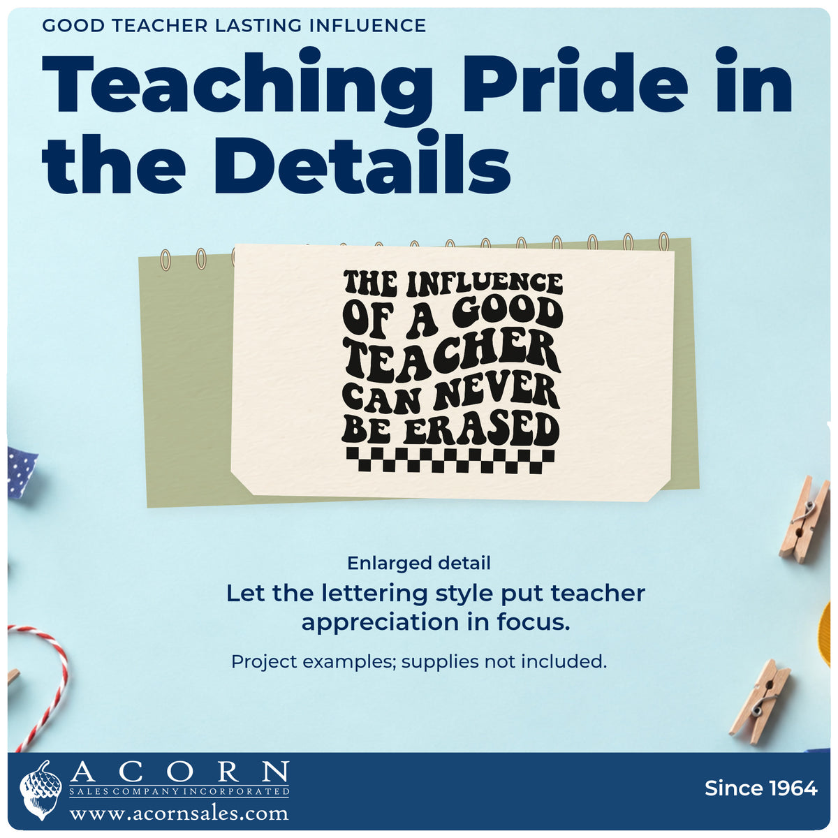 Enlarged detail of the Vintage Pro Good Teacher Lasting Influence Checkers Premium Wooden Stamp imprint. “The Influence of a Good Teacher Can Never Be Erased” appears above a checkerboard strip.