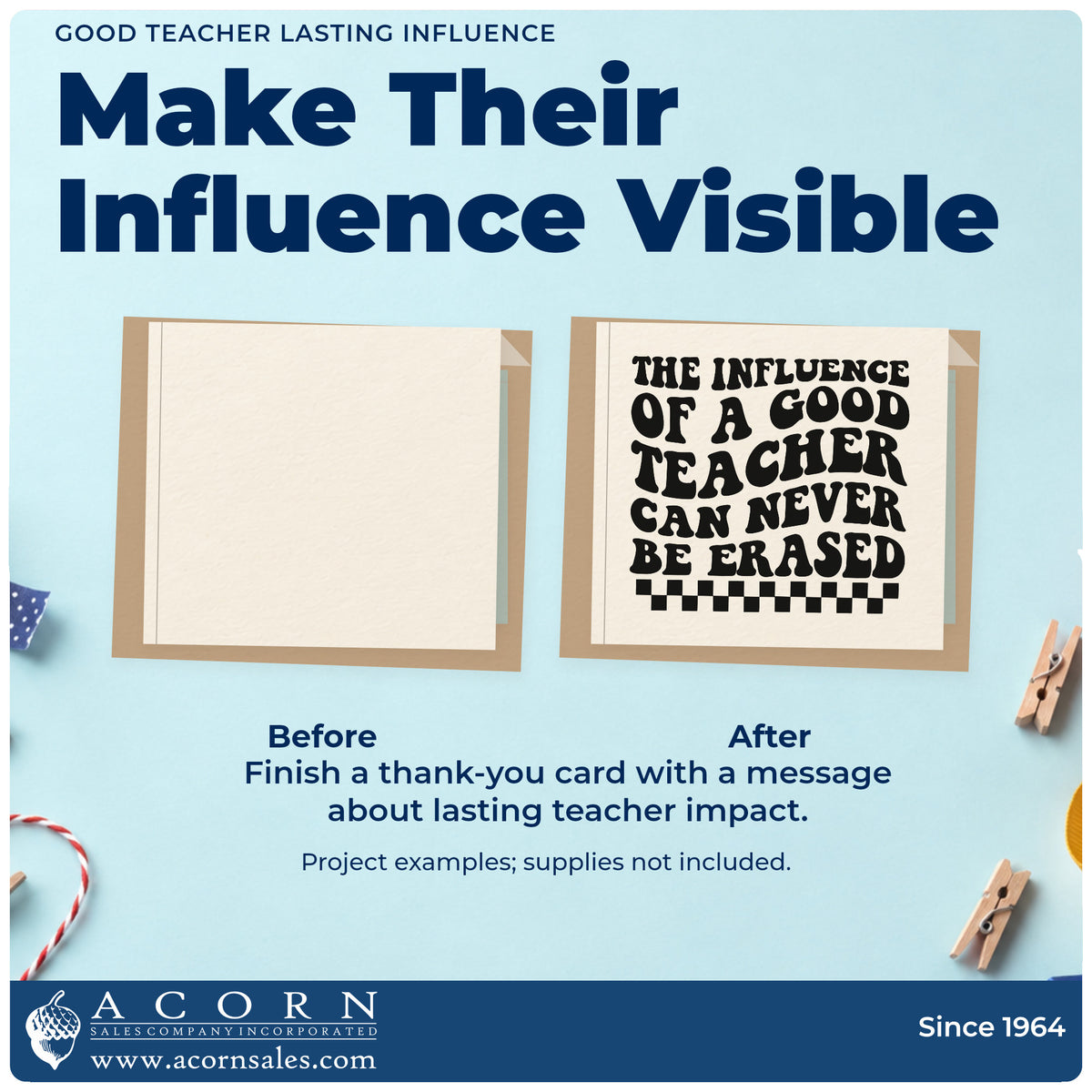 Before and after of a plain item finished with the Vintage Pro Good Teacher Lasting Influence Checkers Premium Wooden Stamp, a quick upgrade for ticket roll seals.