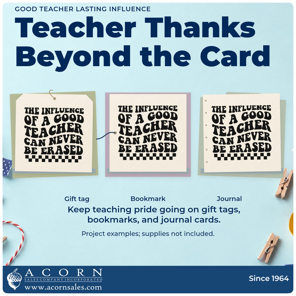 Three project examples made with the Good Teacher Lasting Influence Checkers Stamp – Duo Hand, including milkshake cup labels.
