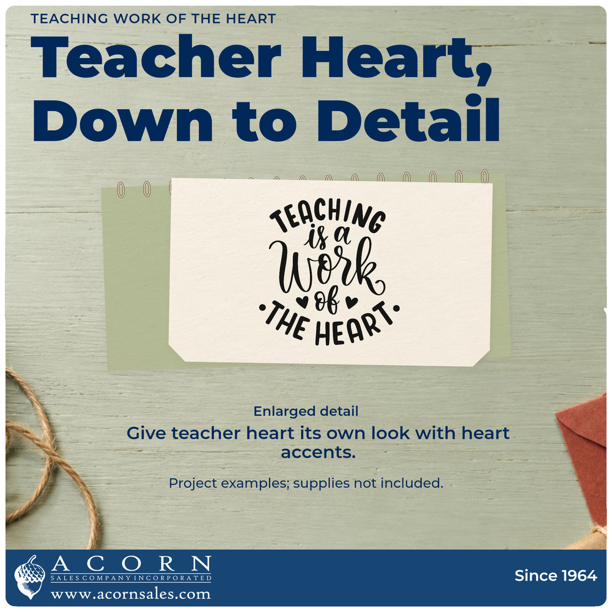 Enlarged detail of the Teaching Work Of The Heart PSI Pre-Inked Stamp imprint. “Teaching Is a Work of the Heart” is arranged in curved rows with two small hearts.