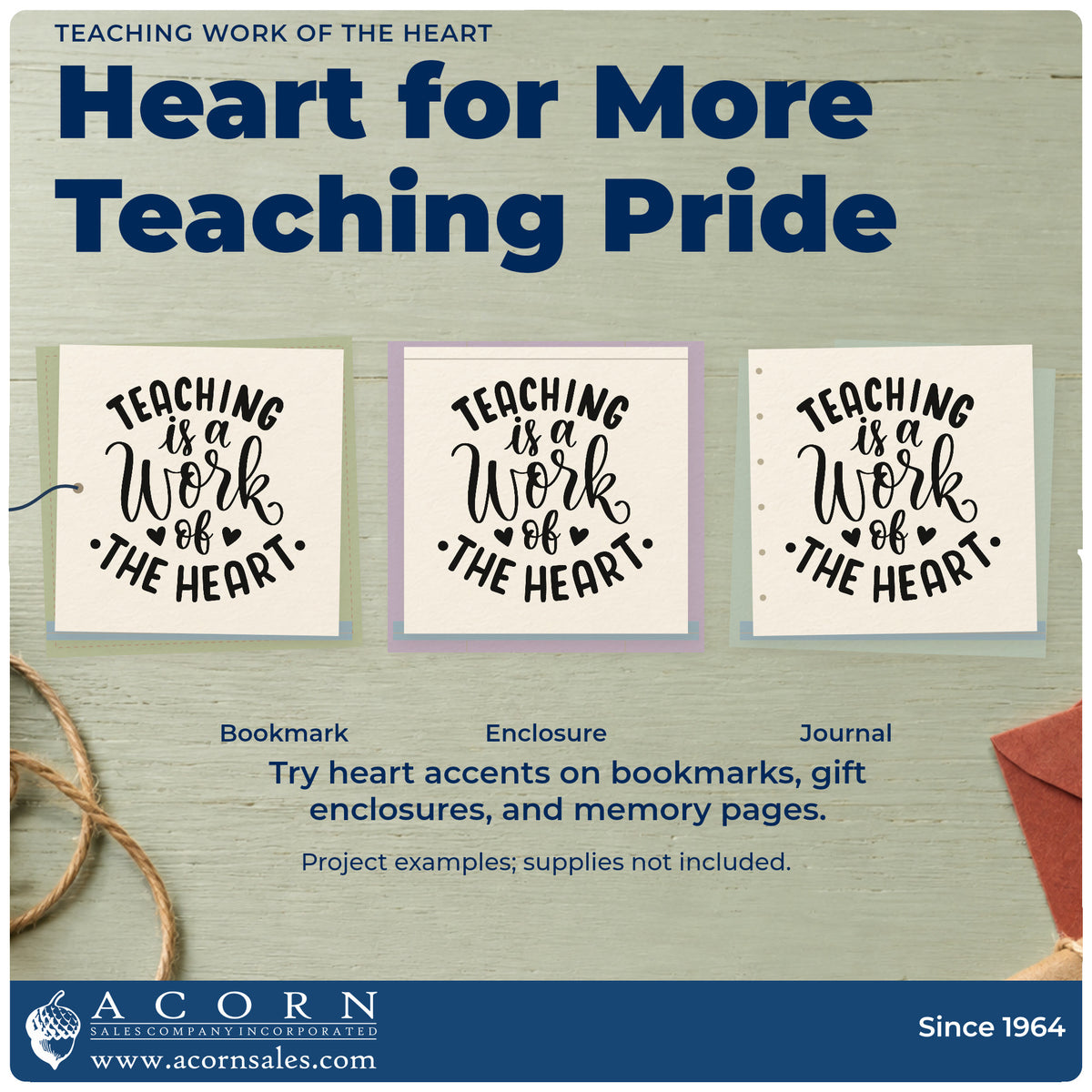 Three project examples made with the Teaching Work Of The Heart Premium Wooden Stamp – Vintage Pro, including round tin labels.