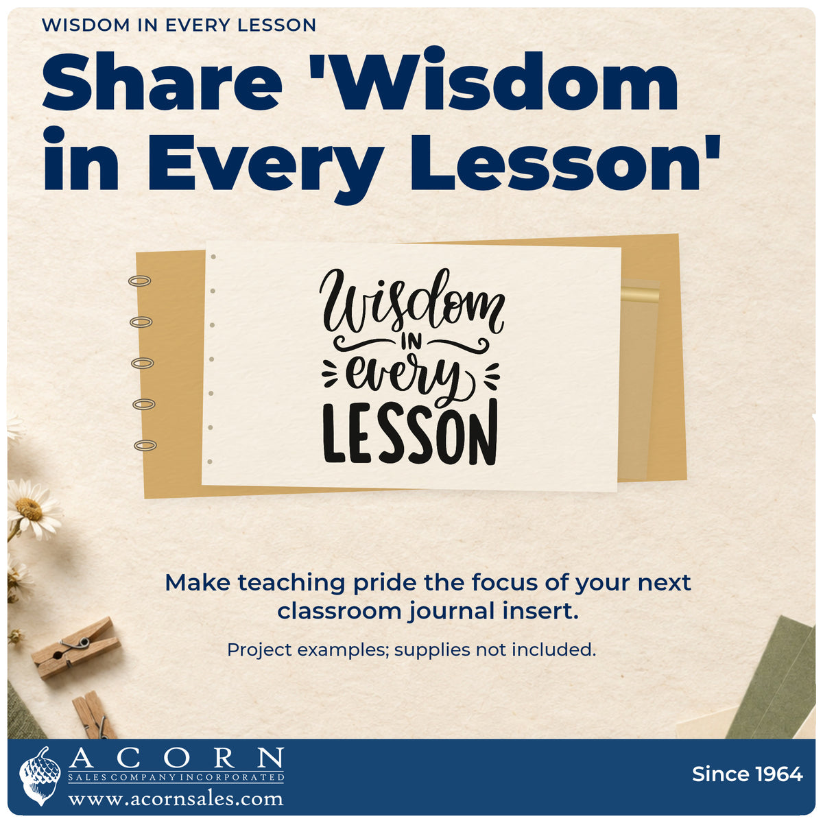 A finished handmade project stamped with the Wisdom In Every Lesson Premium Wooden Stamp – Vintage Pro, ideal for scheme folder tags.