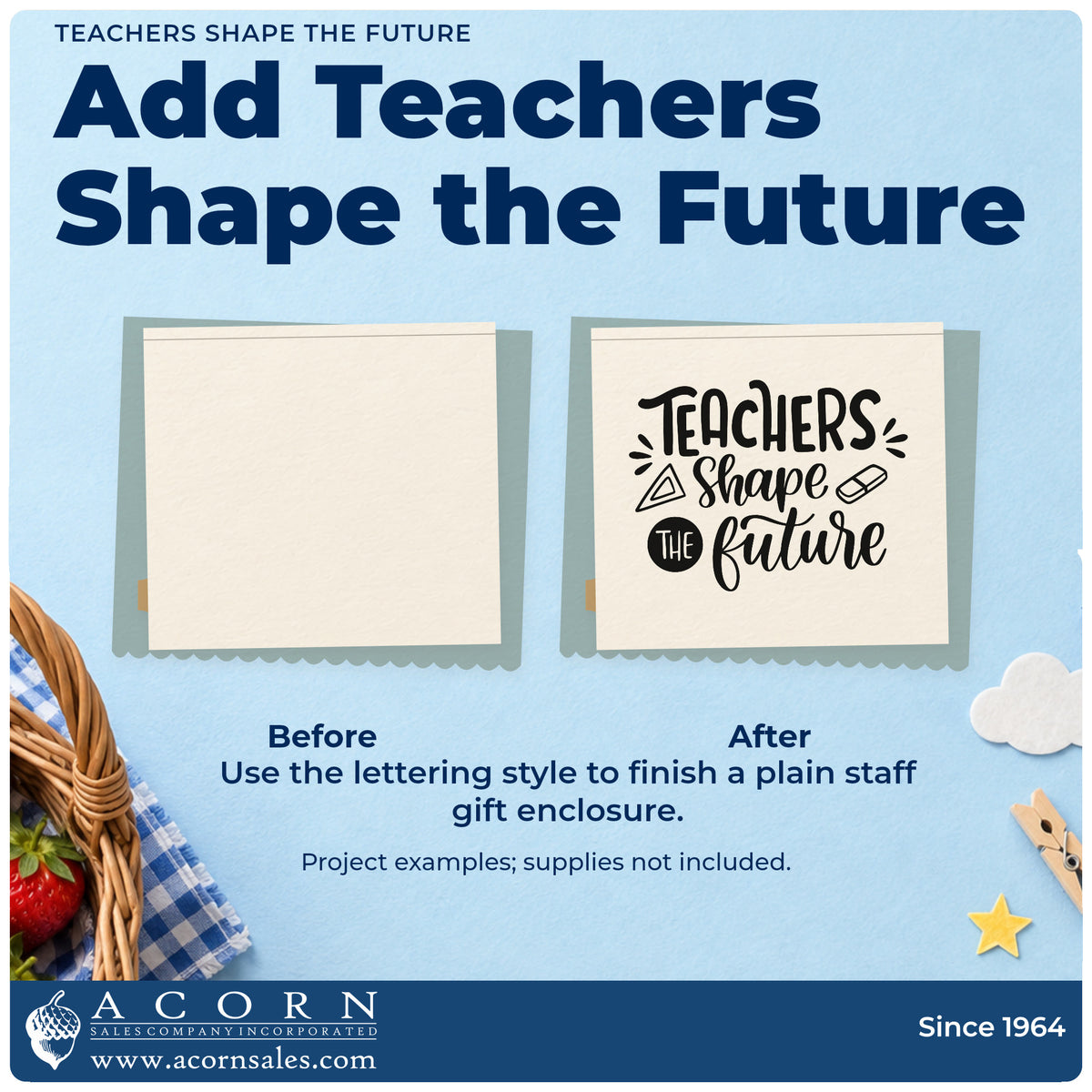 Before and after of a plain item finished with the Teachers Shape The Future Stamp – Self-Inking, a quick upgrade for safety card seals.