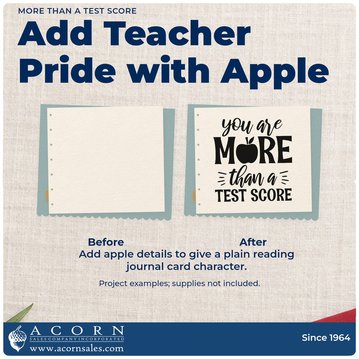 Before and after of a plain item finished with the More Than A Test Score Compact Pre-Inked Stamp – Slim, a quick upgrade for envelope slip seals.