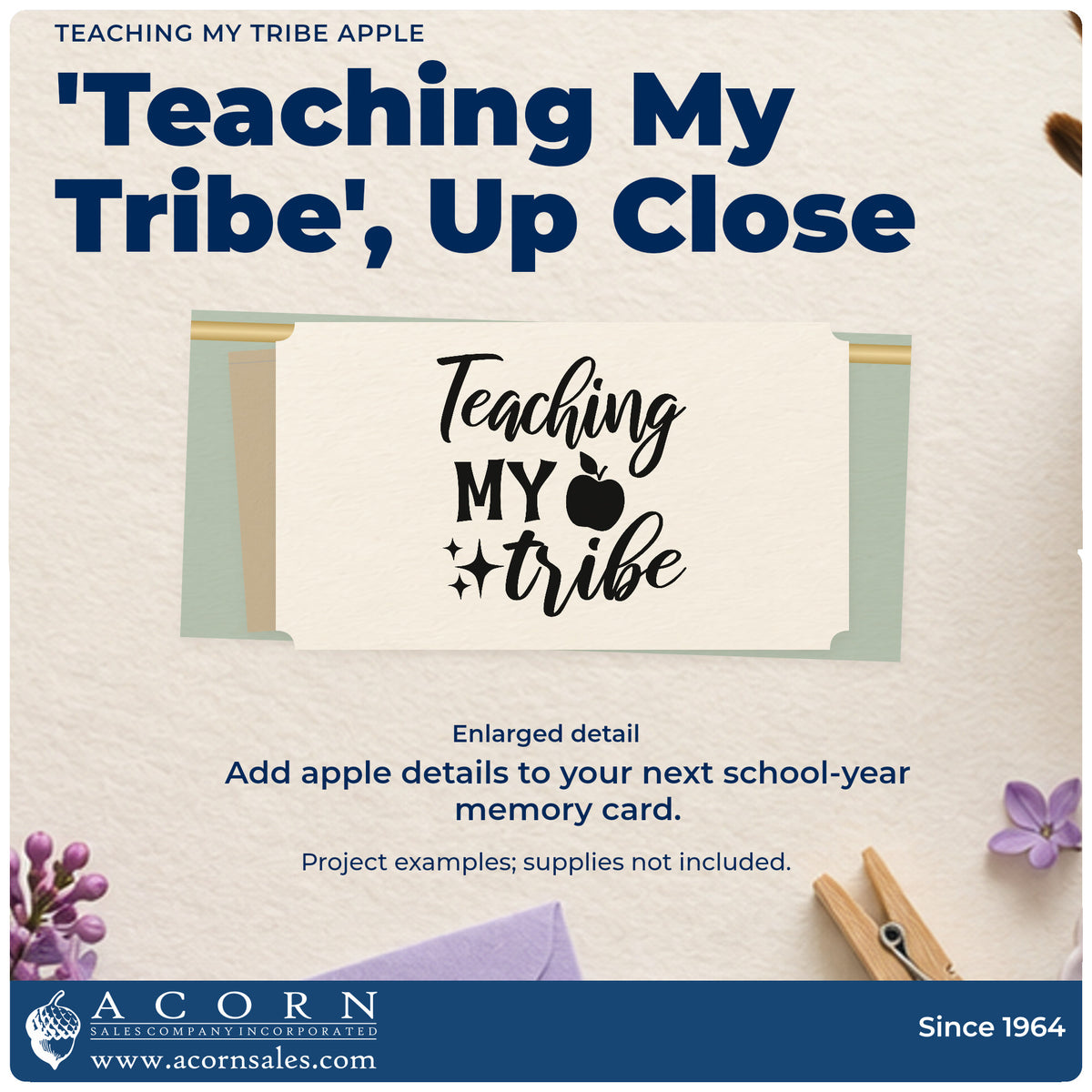 Enlarged detail of the Vintage Pro Teaching My Tribe Apple Premium Wooden Stamp imprint. “Teaching My Tribe” features an apple and several sparkles.