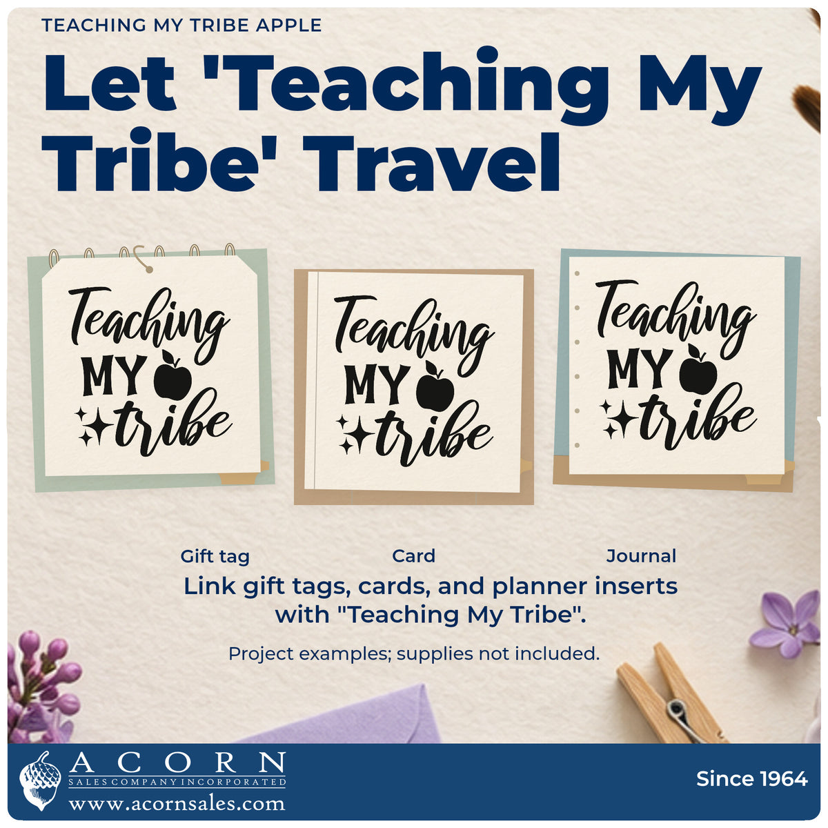 Three project examples made with the Vintage Pro Teaching My Tribe Apple Premium Wooden Stamp, including kit bag labels.