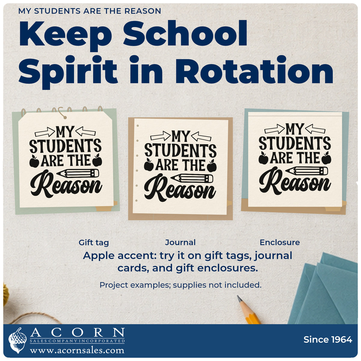 Three project examples made with the My Students Are The Reason Apple Motif Premium Wooden Stamp – Vintage Pro, including pigeonhole labels.