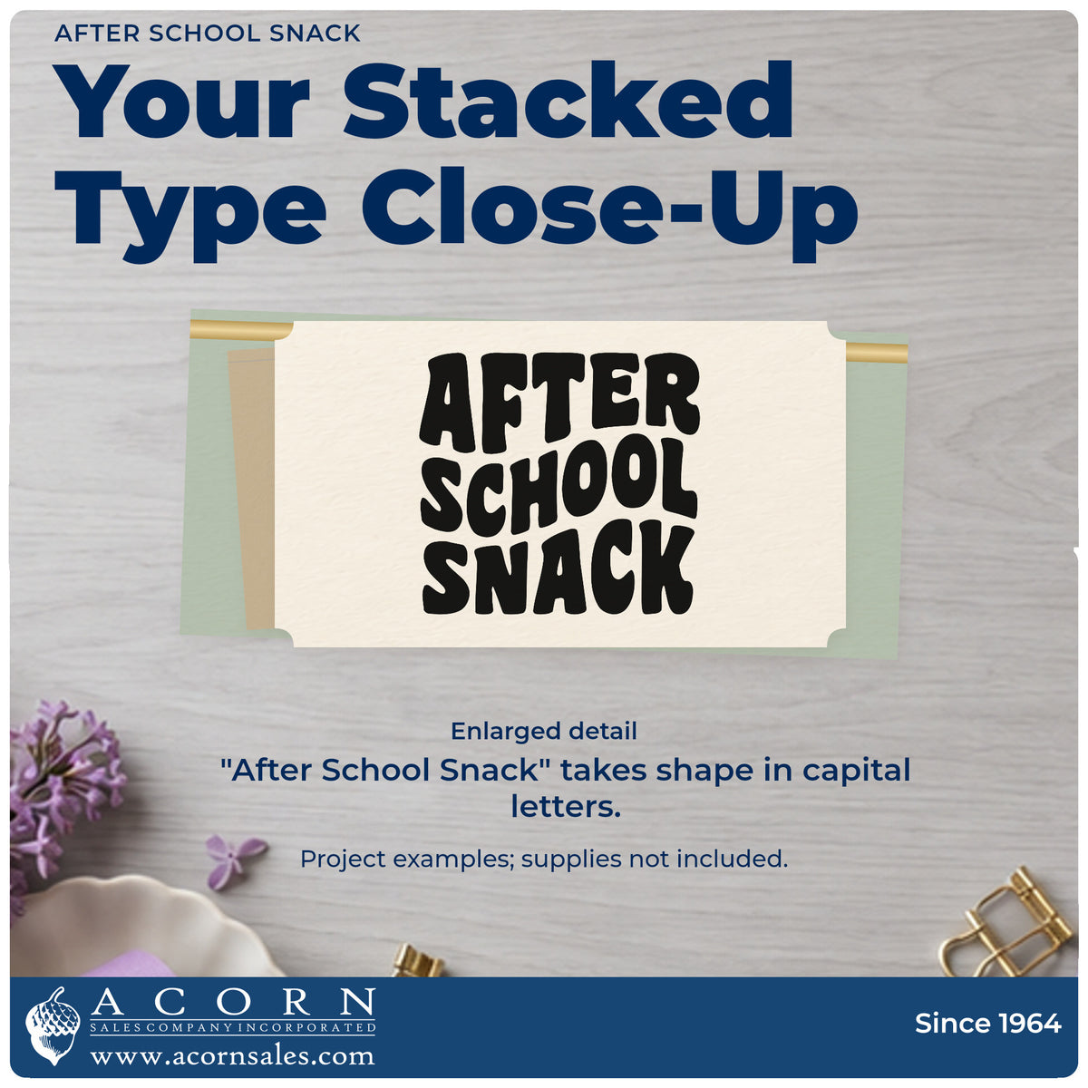 Enlarged detail of the After School Snack Block Lettering PSI Pre-Inked Stamp imprint. Three stacked rows of thick rounded capitals read “After School Snack.”