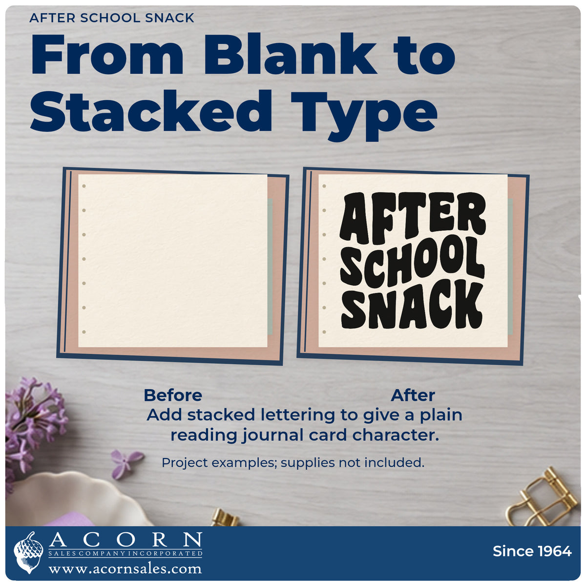 Before and after of a plain item finished with the After School Snack Block Lettering PSI Pre-Inked Stamp, a quick upgrade for lunch pack seals.